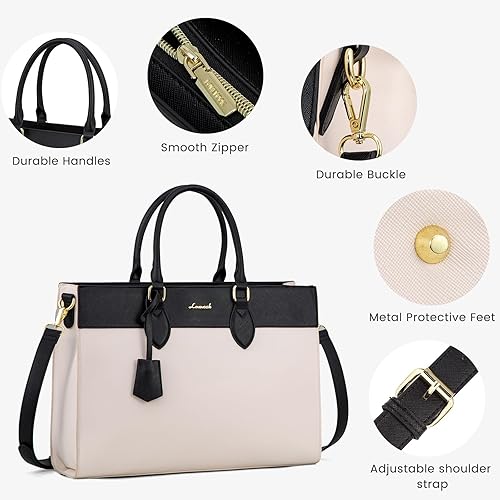 Miniatura 6 de LOVEVOOK Bolsa para laptop para mujer, bolsa de trabajo para laptop de 15.6 pulgadas, maletín grande de cuero impermeable para oficina, beige y negro