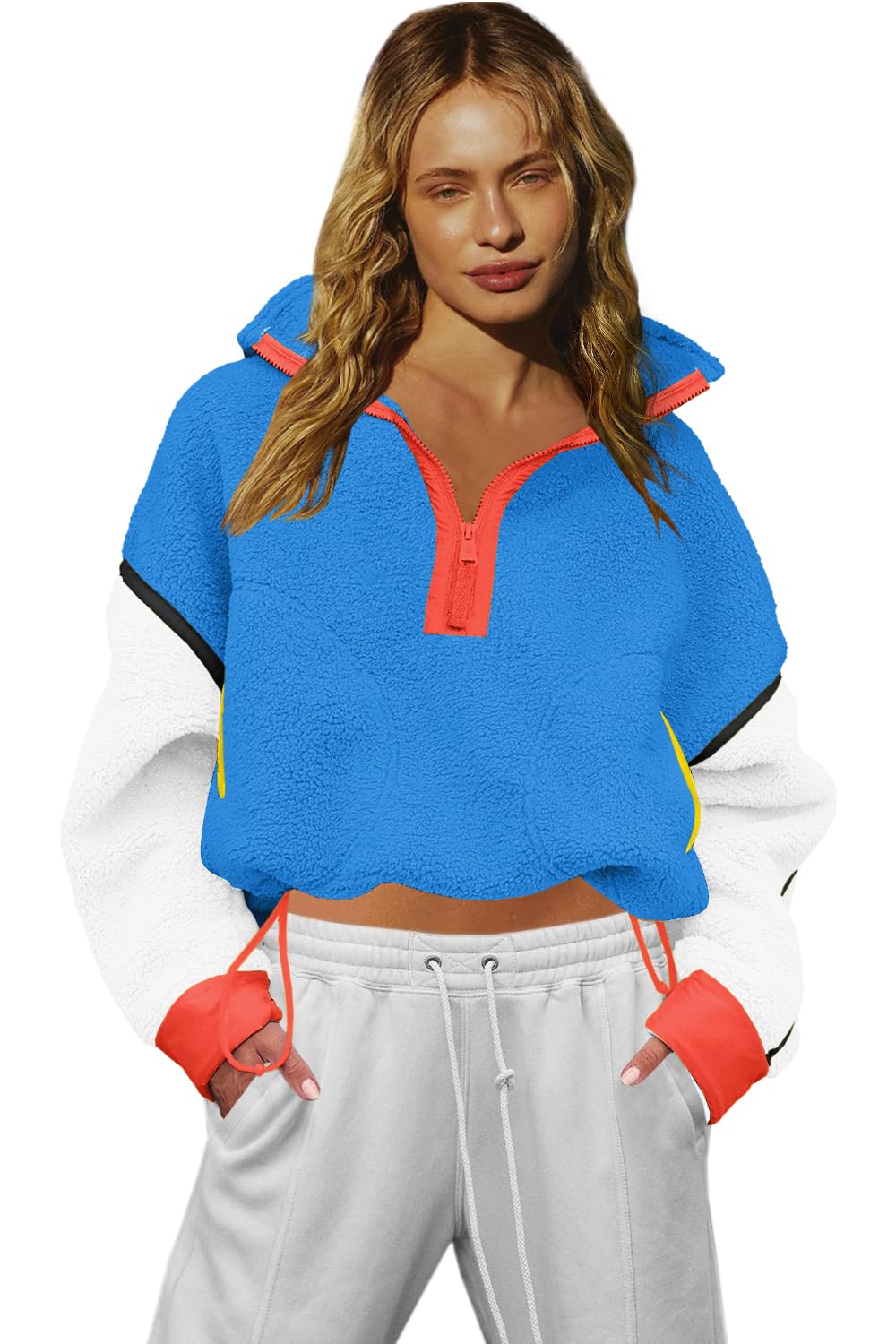 LAMISSCHE Half Zip Sweatshirt Women Oversized Sherpa Jacket V Neck Fleece Pullover Hoodie with Pockets