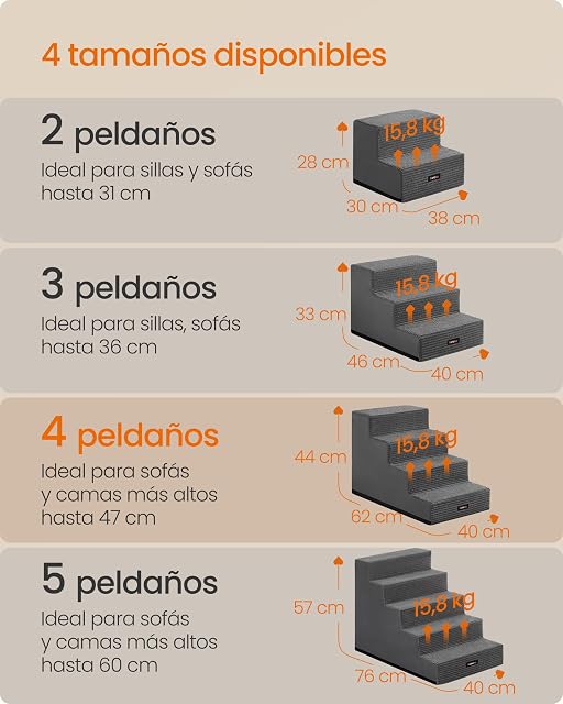 Foto 7 de 7 de Feandrea Escaleras para Perros de 4 Peldaños, Espuma de Alta Densidad, Funda de Pana Impermeable y Lavable