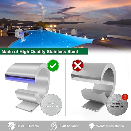 Miniatura 4 de LONGRUN Fuente de piscina de acero inoxidable en forma de J, con control de RF y aplicación, kit de cascadas para estanques al aire libre para