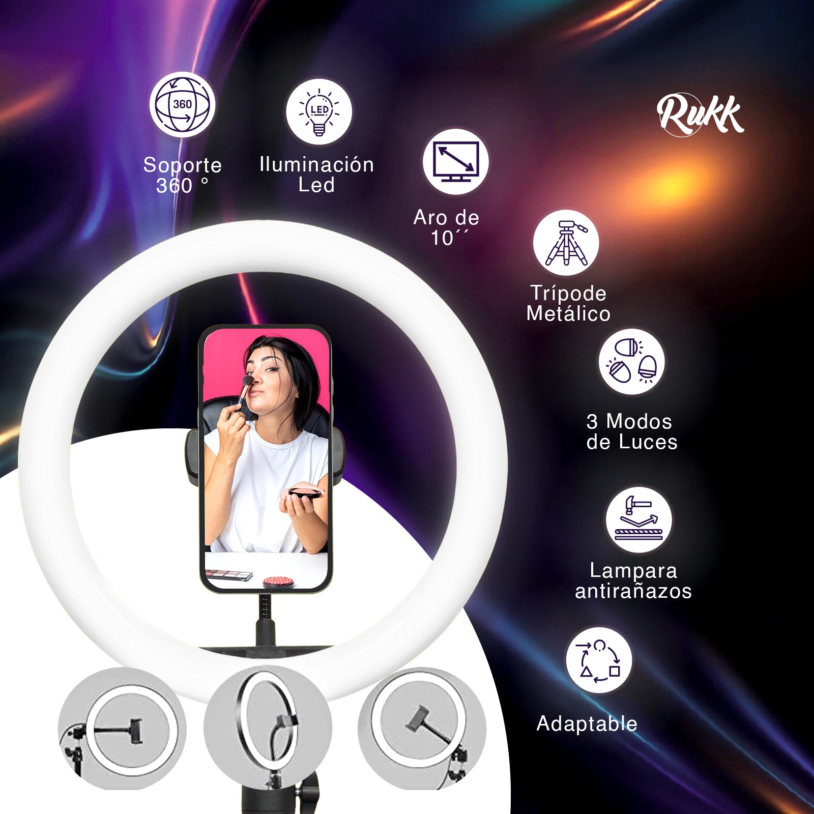 RUKK Aro de Luz con Trípode Extensible 160cm - Anillo de Luz LED 10” para Móvil (3 Modos, 10 Brillos) con Control Remoto Bluetooth - Ring Light Profesional para TikTok, Maquillaje y Youtube