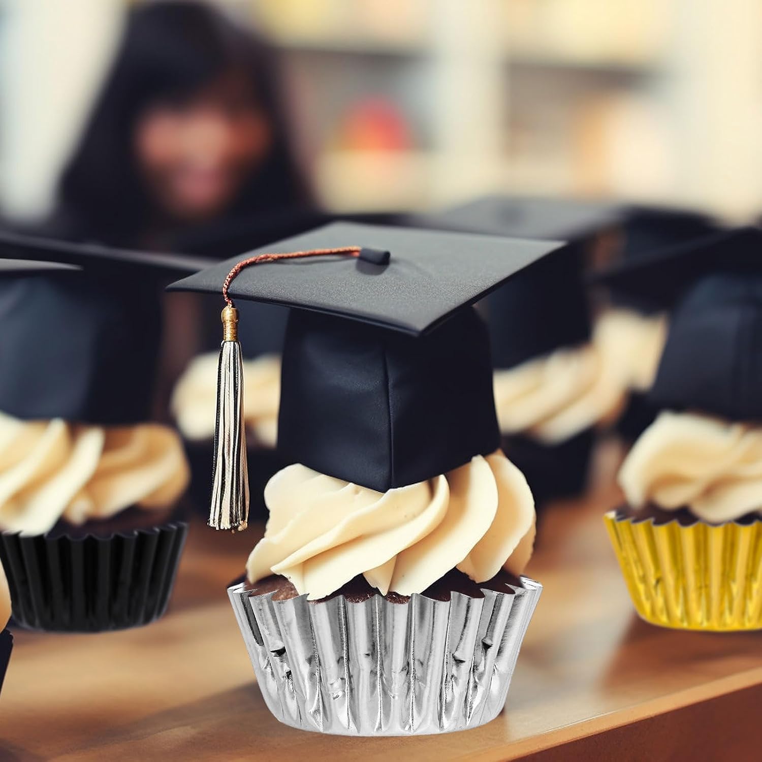 Whaline 300Pcs Graduation Mini Cupcake Liners Congrats Grad Foil Baking Cups Black Gold Silver Foil Metallic Cupcake Wrappers for Holiday New Year Party Supplies