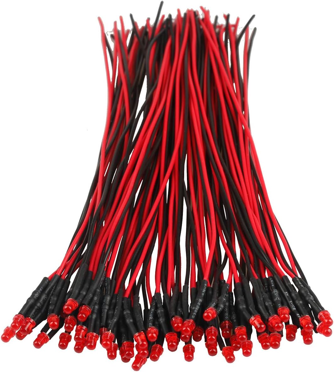 50pcs 12 Volt 3mm Red LED Lights Emitting Diodes Pre Wired 7.9 Inch DC 12v LED Light Diffused Colored Lens Small LED Lamps