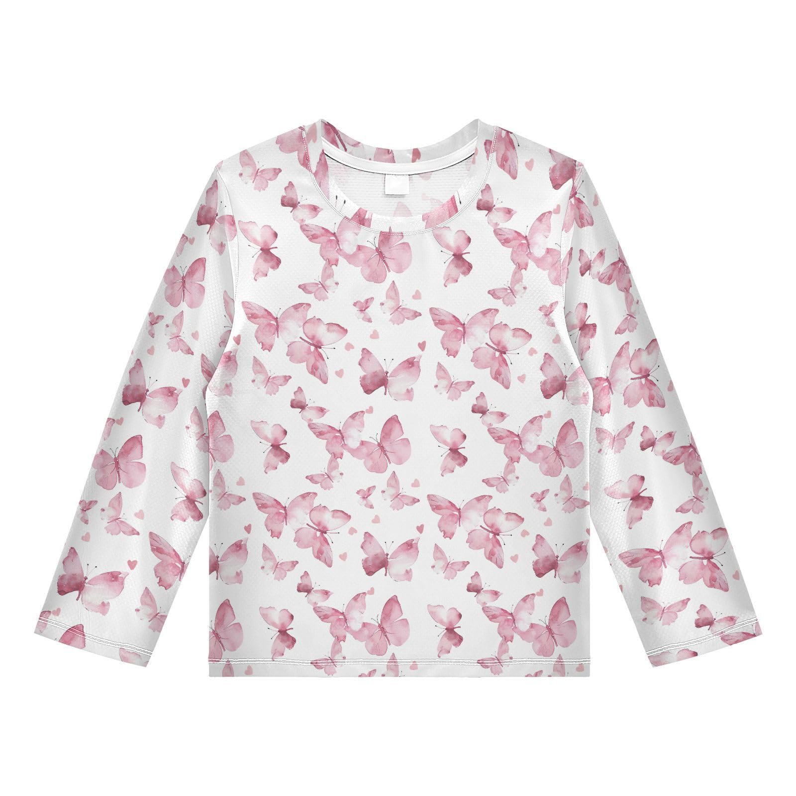 Pink Butterfly Pattern Boys Rash Guard Swim Shirts Long Sleeve UPF 50+ Quick Dry Sun Protection Shirt Swimwear Surf Tops for Toddler Kid Fishing Swimming Outdoor 11-12T