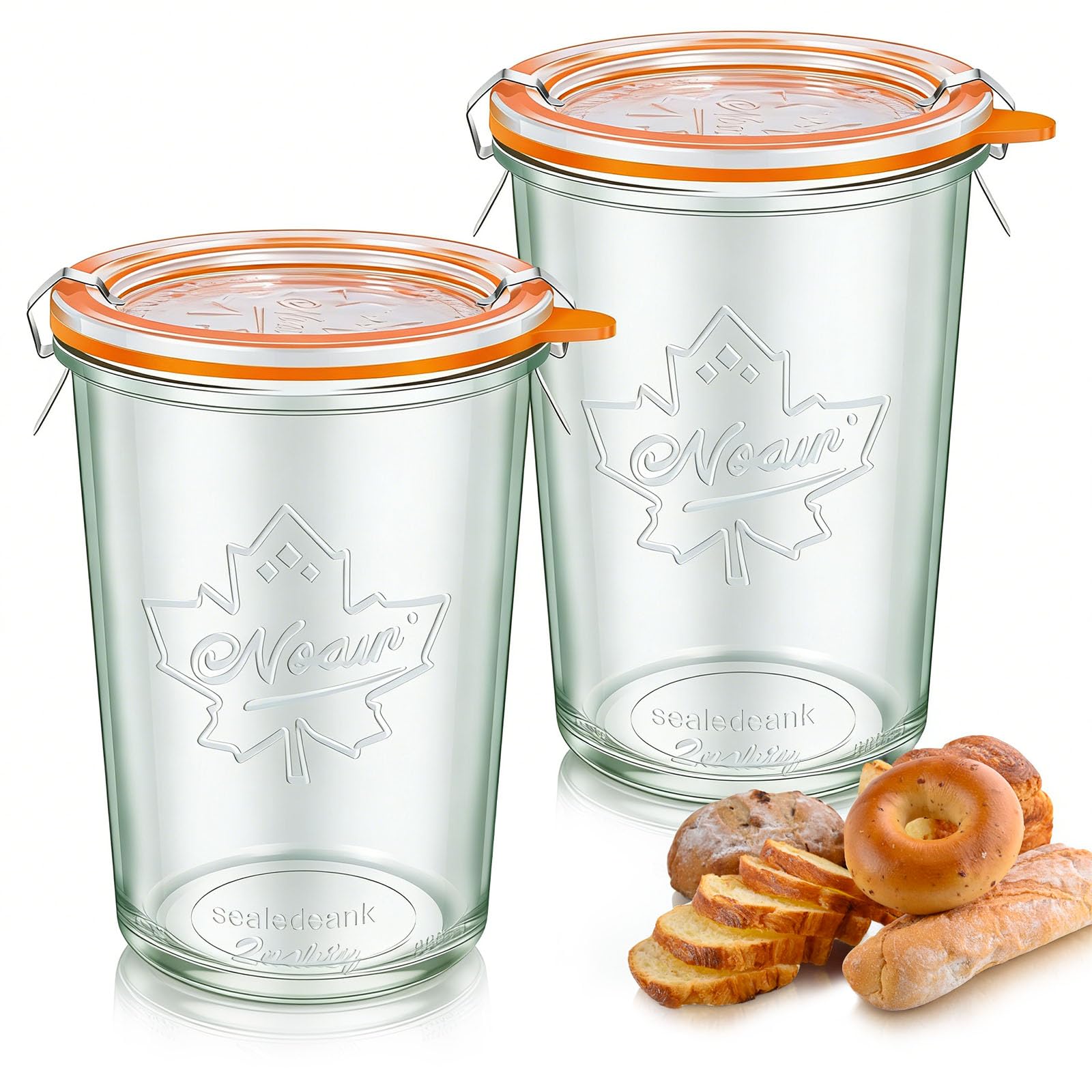 YUNYOUC 2Pcs 800ml/27oz Wide Mouthed Storage Jar Including Glass Lid, Seal & Clamps For Sourdough, Preserving, Canning, Yoghurt, Kimchi, Dry Food Storage(Transparent)