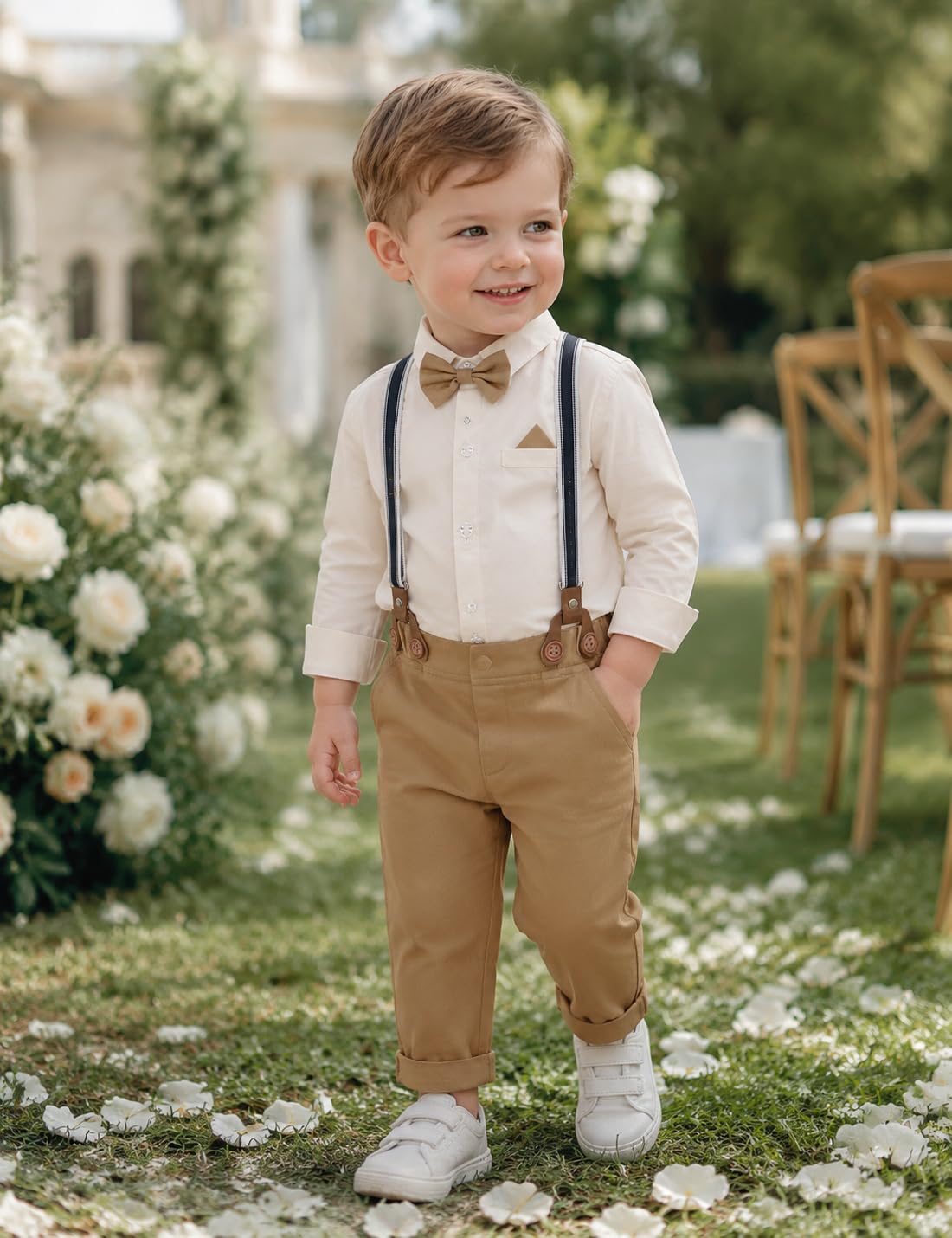 mintgreen Bebé Niño Boda Traje 4pcs Bebé Cumpleaños Traje Manga Larga Camisas Sólidas + Pantalones + Tirantes + Pajarita 1-5 Años