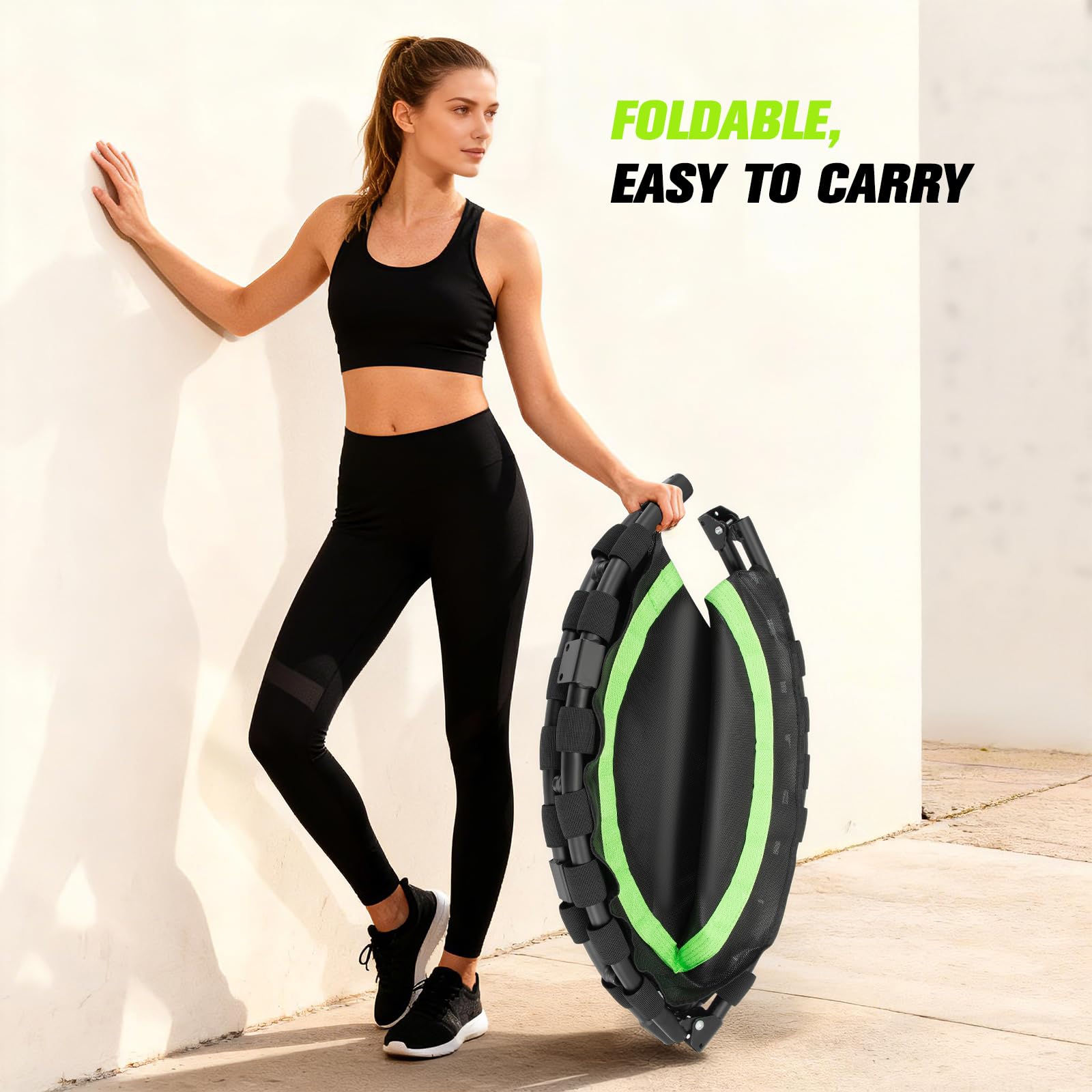 Trampolino pieghevole Ø 101 cm, per jumping fitness, portata 150 kg, altezza del corrimano regolabile, allenamento di resistenza, diversi gruppi di persone