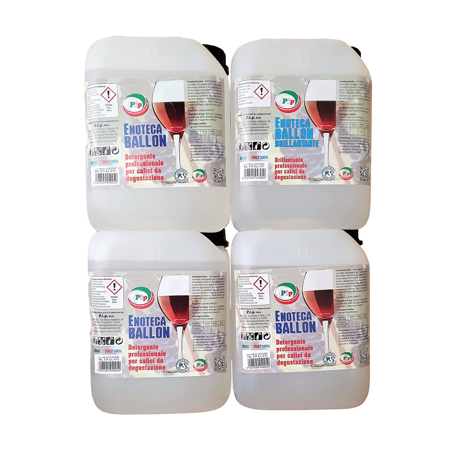 PIP Detergente Lavabicchieri Enoteca Ballon + Brillantante Lavastoviglie Ballon, Set 3+1 TK T5, Detersivo Stoviglie Industriale, Additivo Lavastoviglie, Anticalcare, HACCP, Specifico Bicchieri Ballon