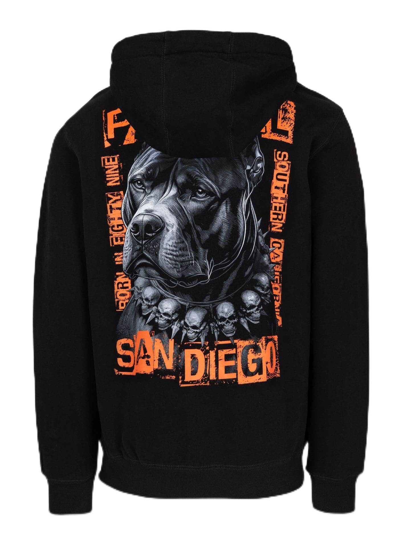PITBULL Męska bluza z kapturem BLACKY męska bluza z kapturem, regularny krój, z dużym nadrukiem na plecach i logo San Diego, ciężki szczotkowany polar 400 GSM, streetwear bluza z kapturem, wygodna