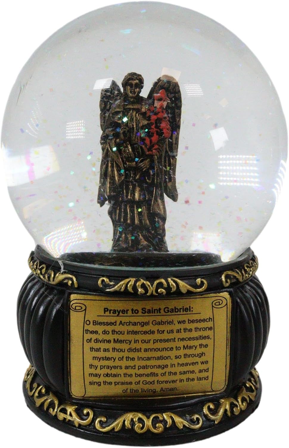 Ebros Gift Guardian Holy Archangel Saint Gabriel Messenger Angel of God Glitter Water Globe with Prayer Plaque Gold Scroll Art Base 5.25" Tall Catholic Church Snow Globes Decor Figurine