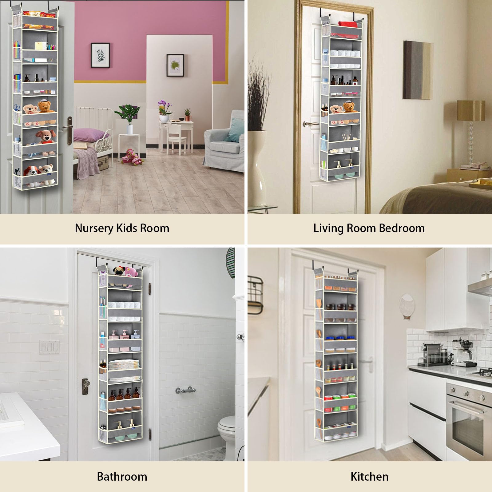 Organizador sobre la puerta con 6 estantes y 12 bolsillos laterales, almacenamiento sobre la puerta para baño, dormitorio, guardería, organizadores de puerta colgantes para pañales de bebé y