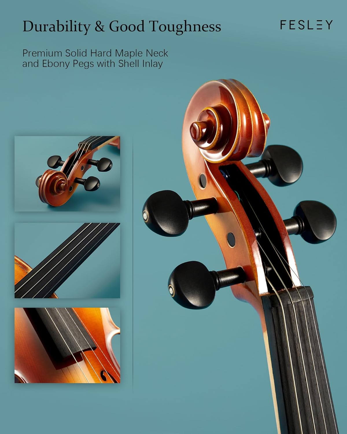 Fesley Violin Fiddle Full Set: 4/4 Polished Violin Kit for Beginners, Acoustic Violin with Hard Case, Solidwood Hand Made Starter Kit with Bow, Shoulder Rest, Tuner, Extra Strings