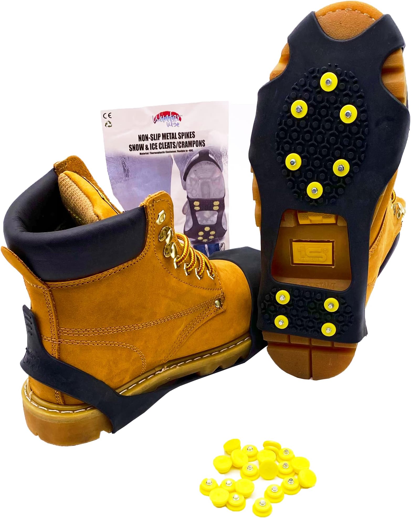10-STUD Ice Snow Grips, Anti Slip Winter Ice Grippers Universal Slip-on Stretch fit Snow & Ice Spikes Traction Cleats Crampons with 20 Extra Studs