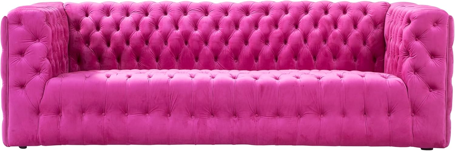 Pasargad Home Vicenza Collection Velvet Upholstered 3-Seater Tufted Sofa - Fuchsia Color, 89.37" Wide | Elegant and Comfortable Living Room Couch