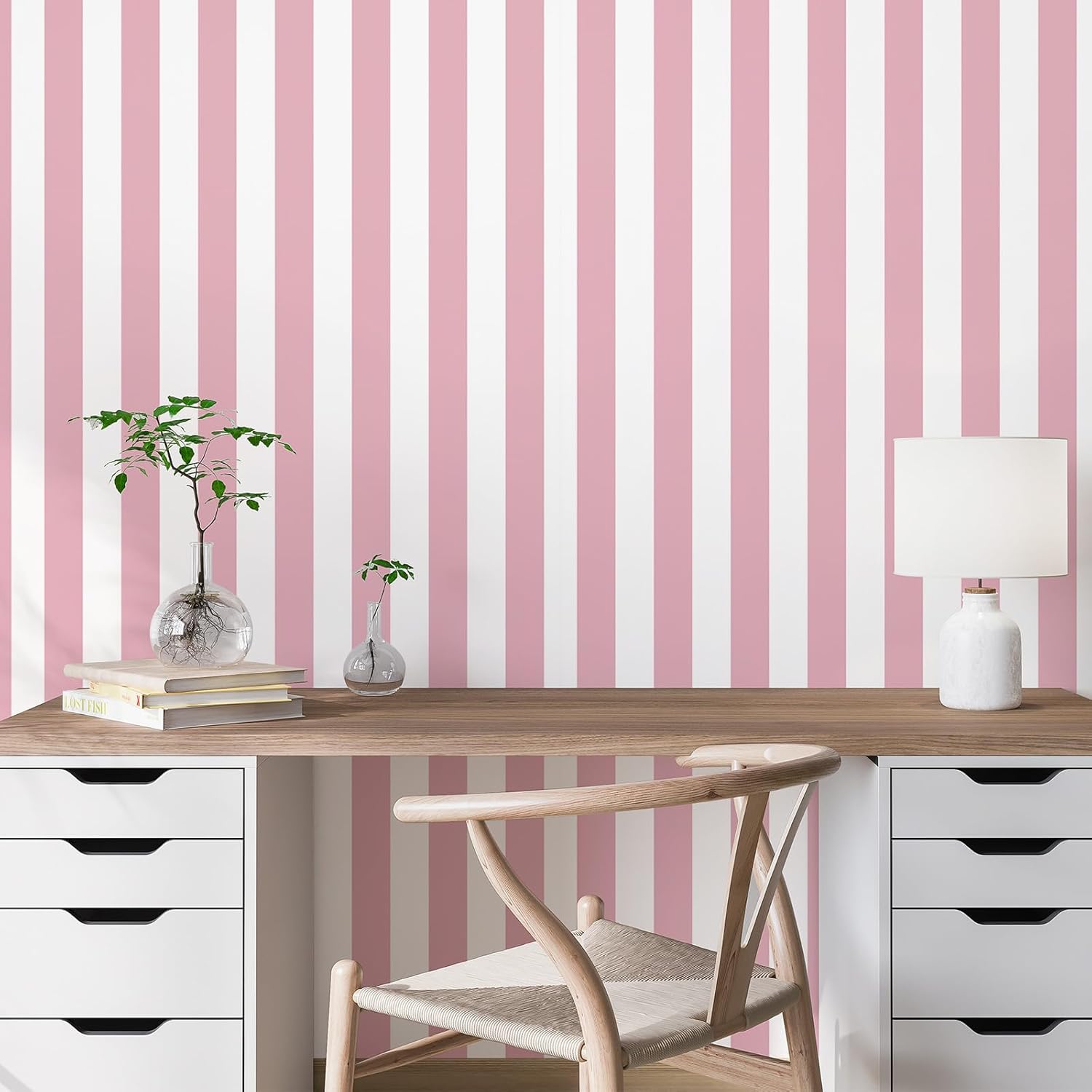 Pink and White Striped Wallpaper 17.3"x400" Pink Striped Peel and Stick Wallpaper Waterproof Contact Paper Modern Self-Adhesive Vinyl Wall Paper for Bedroom Bathroom Nursery