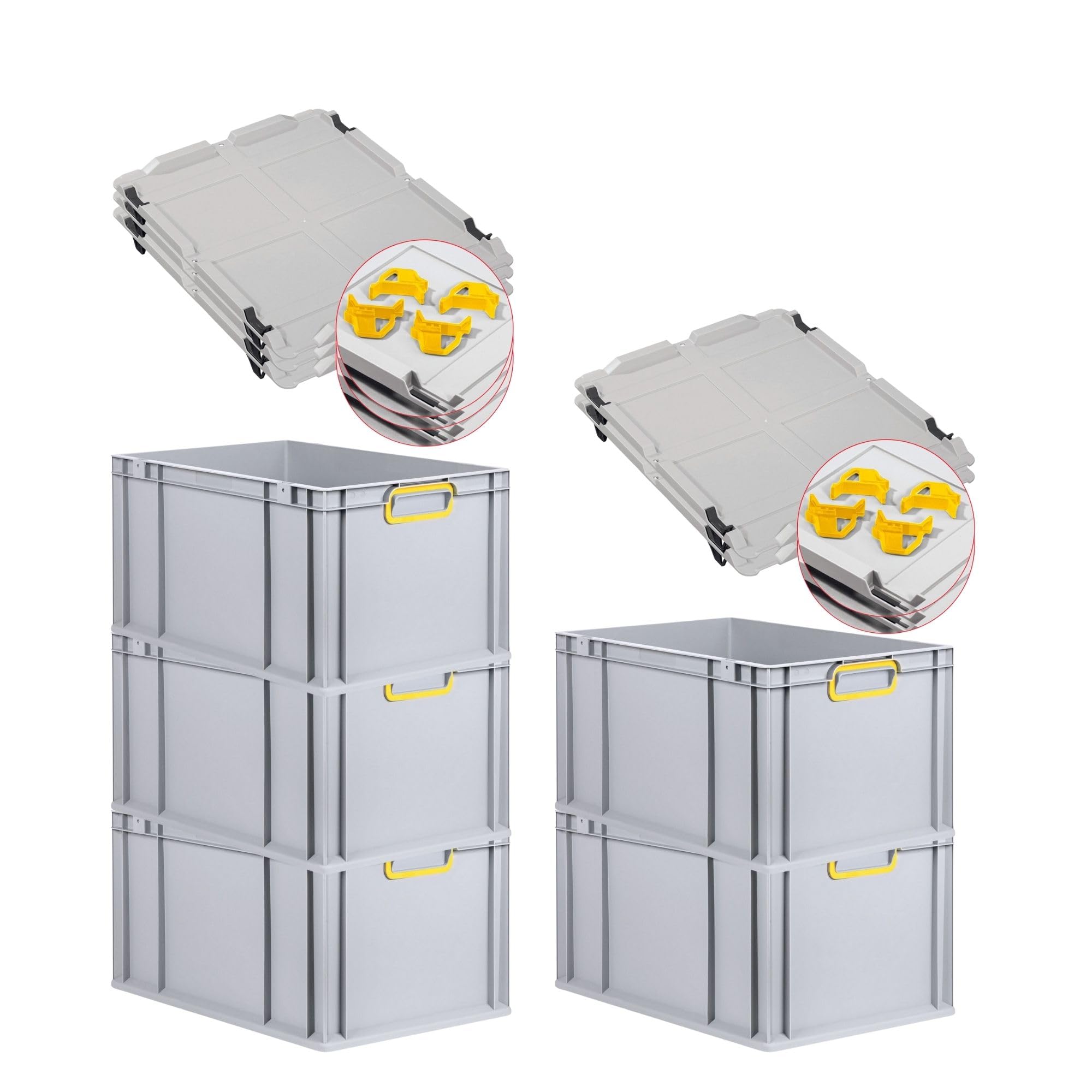 SET SUPER ÉCONOMIQUE 5x Bac Euro NextGen Color avec couvercle d'appui et fermetures à glissière | HxLxP 32x40x60cm, 65 litres | Poignées jaunes fermées, fond renforcé | Eurobox boîte industrielle