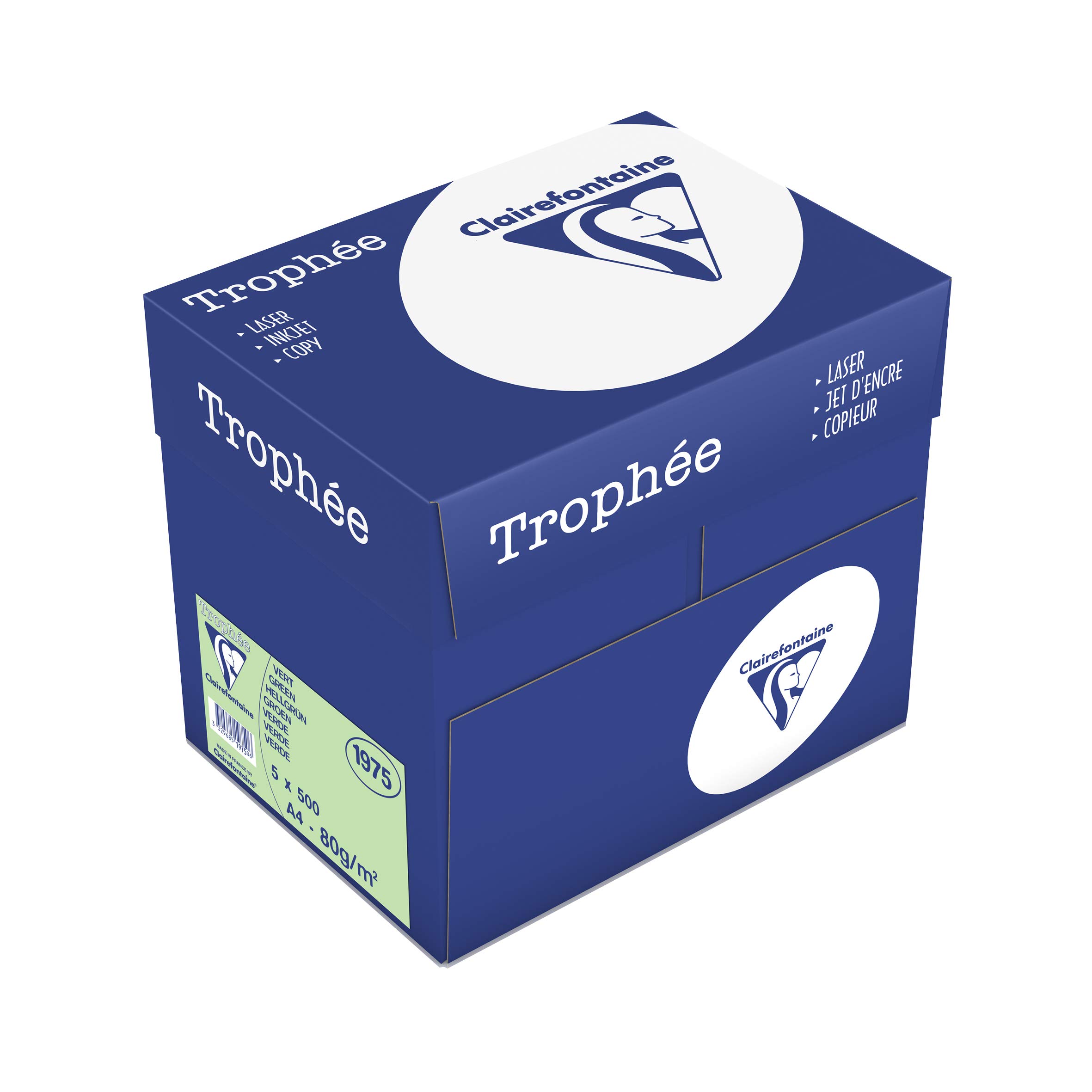 Clairefontaine - Réf. 1975C – 2500 feuilles de papier couleur au format A4 - Trophée 80 g/m² – Carton contenant 5 ramettes de 500 feuilles – Couleur vert