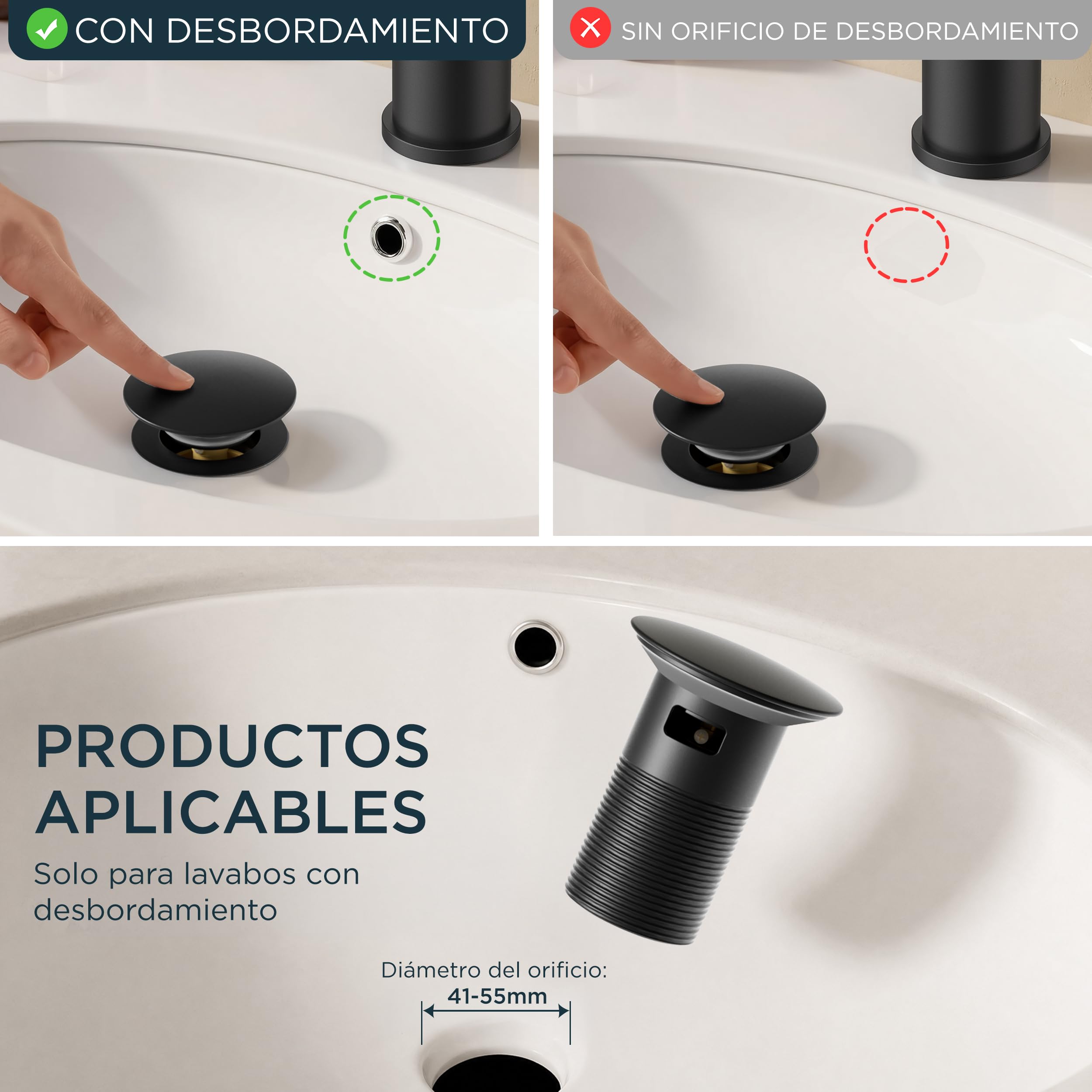 FORIOUS Grifo De Baño Con Desagüe, Grifo De Lavabo De Acero Inoxidable Con Altura De Salida 85MM, Mezclador Monomando Para Agua Fría Y Caliente En El Baño, Negro