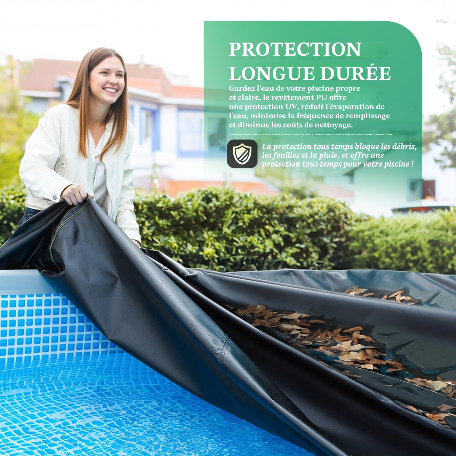 UIRWAY 305 cm Couverture de Piscine Ronde avec Bandes réfléchissantes, Couverture de Piscine pour piscines Hors Sol, Couverture Solaire incluant Une Corde d'attache et des Clous Lumineux au Sol
