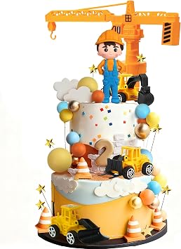 Construction Cake Topper Constructor Clay Figurine Excavator Tower Truck Vehicles Star Cloud Balls Cake Decorations for Construction Theme
