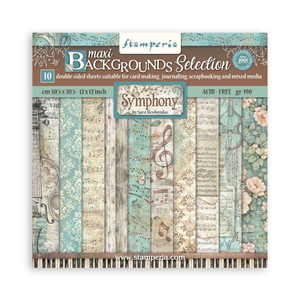 Stamperia - Scrapbook Paper Pad for Scrapbooks, Albums, Cards, Bullet Journals and More, Acid Free, Double-Sided, Perfect for Crafts and Gifting (Symphony Background Selection) (30.5 x 30.5 cm)