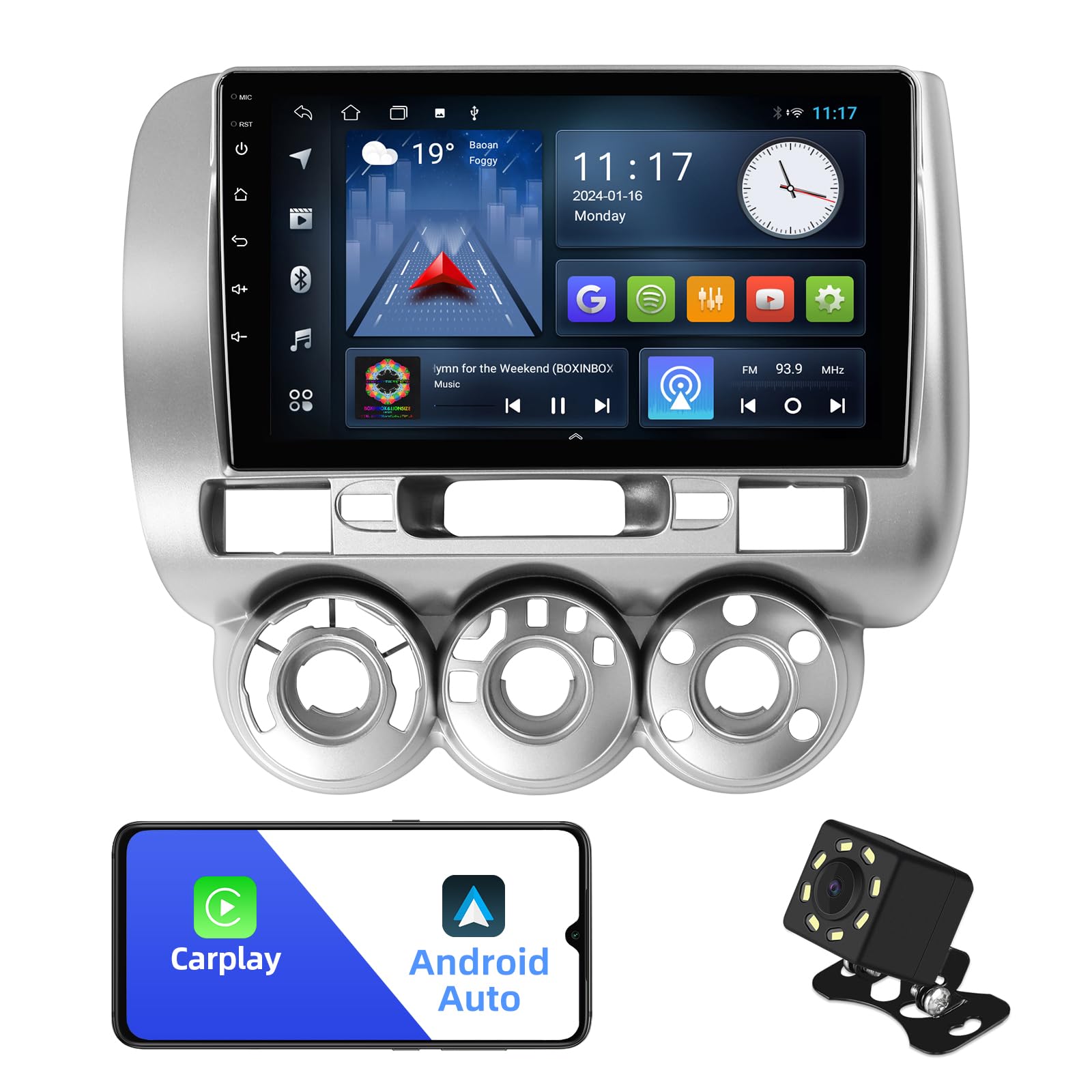 2+32G Android 12 Double Din Car Stereo for Honda Fit 2004-2007 with 9 Inch Touchscreen Radio Built-in Bluetooth 5.4/WiFi 6/Wireless Carplay/Android Auto/GPS/FM/AUX-in/SWC/Backup Camera