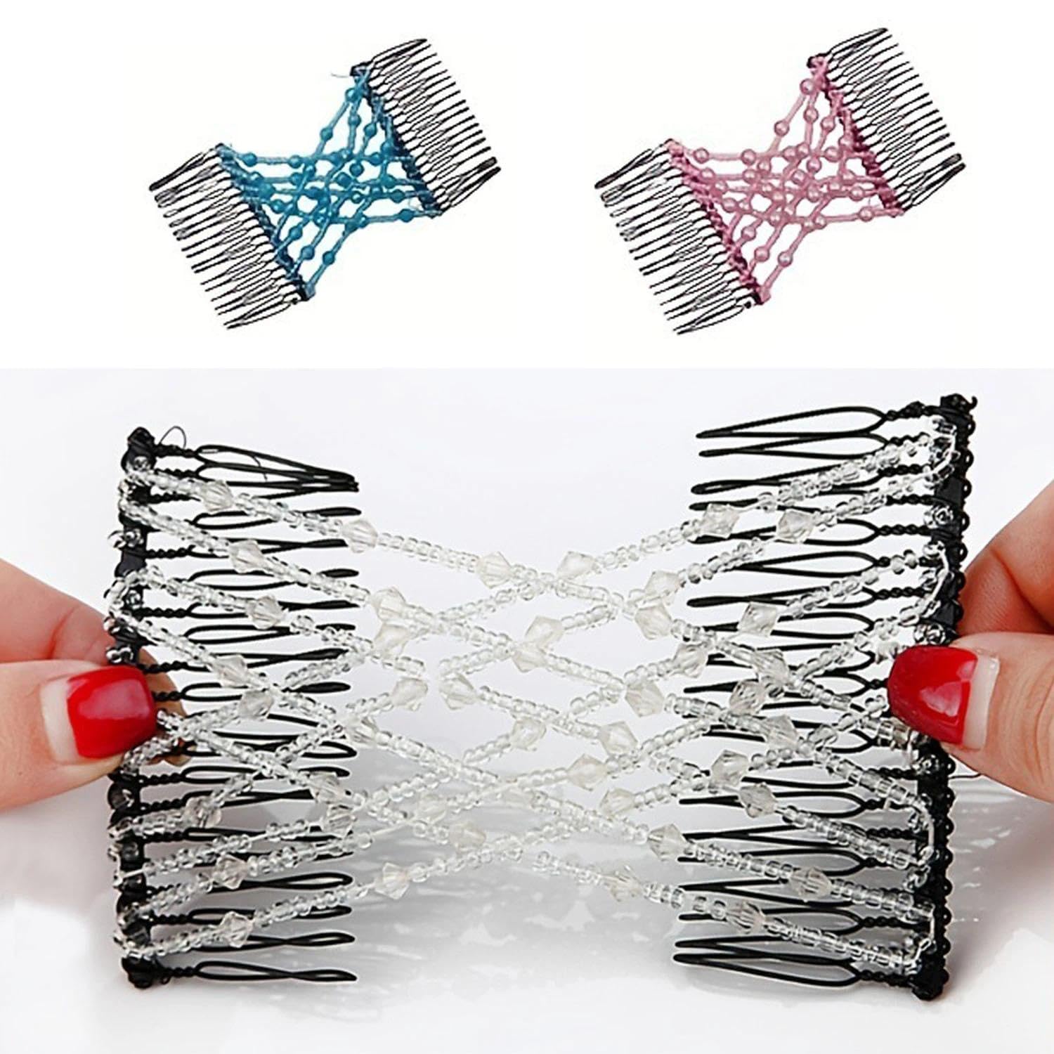 4 Piezas Peineta Doble Perlas Elásticas, Peinetas Elásticas Cuentas, Peinetas Mágicas Cristal, Pasadores Pelo Elásticos Mágicos, para Mujeres y Niñas Cabello Grueso Rizado Fino (Cuatro Colores)