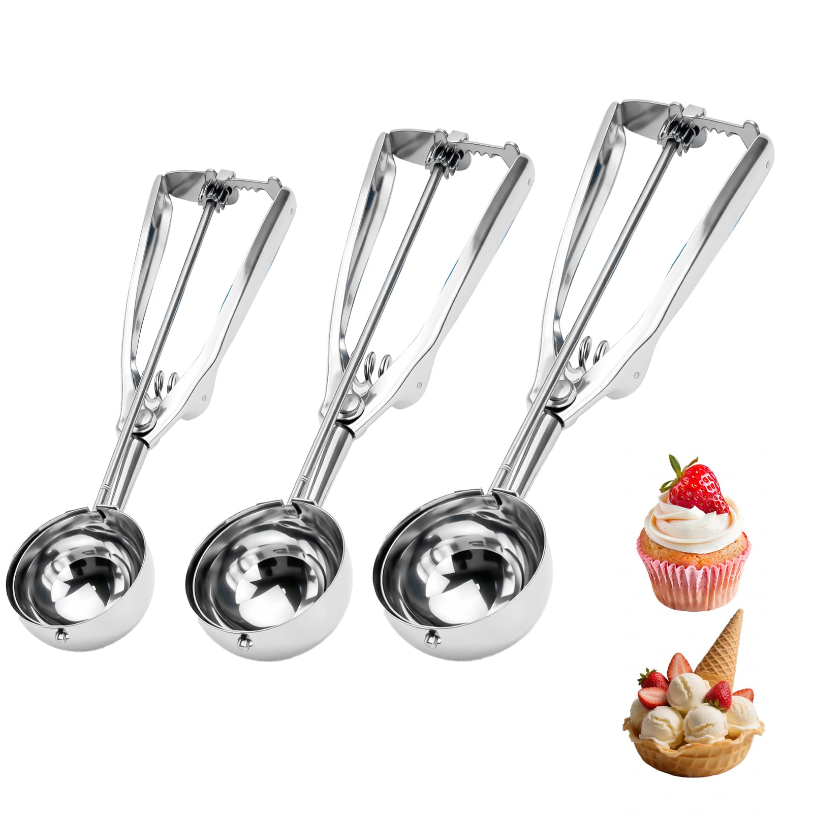 Juego de 3 cucharas de acero inoxidable para helado con disparador (15/30/45 ml) – Para bolas perfectas de helado, masa de galletas, magdalenas y albóndigas – Apto para lavavajillas y