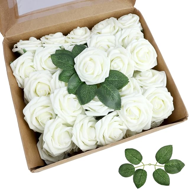 Aoleytech Artificial Flower Roses, 50 Real Touch Fake Foam Roses, Wedding Decorations, Bridal Bouquet, Valentine's Day, Mother's Day, Baby Shower (Milk White)
