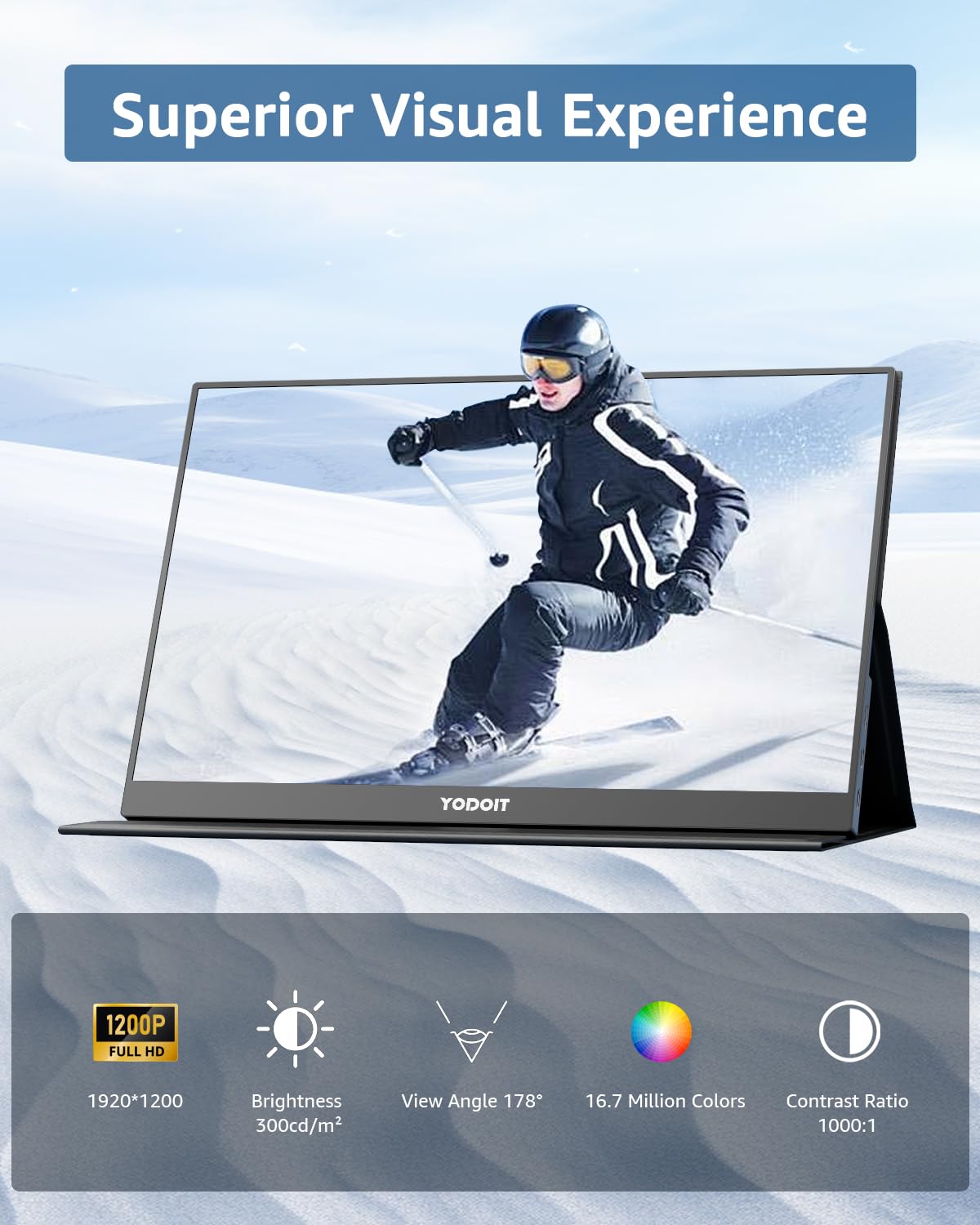 Yodoit - Monitor portatile 16”, 1920 x 1200, FHD, schermo IPS, display 16:10 con USB tipo C e altoparlanti integrati, con Smart Cover, compatibile con PC, laptop, MacBook, Xbox