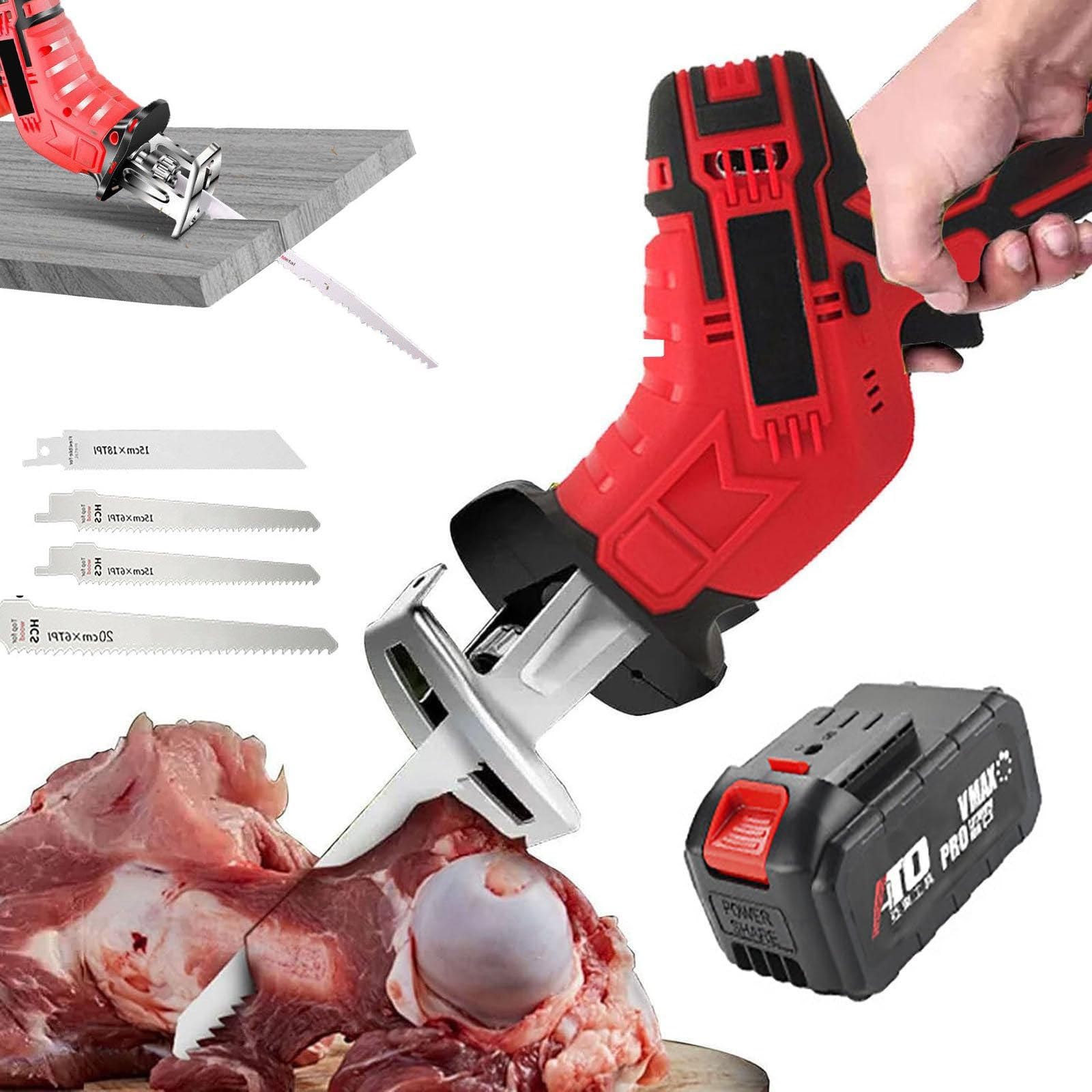 Sierra De Huesos Inalámbrica, Sierra Eléctrica De Mano para Cortar Carne, 4 Hojas De Sierra, Iluminación LED + Interruptor De Bloqueo, para Huesos/Carne/Ramas/Plástico