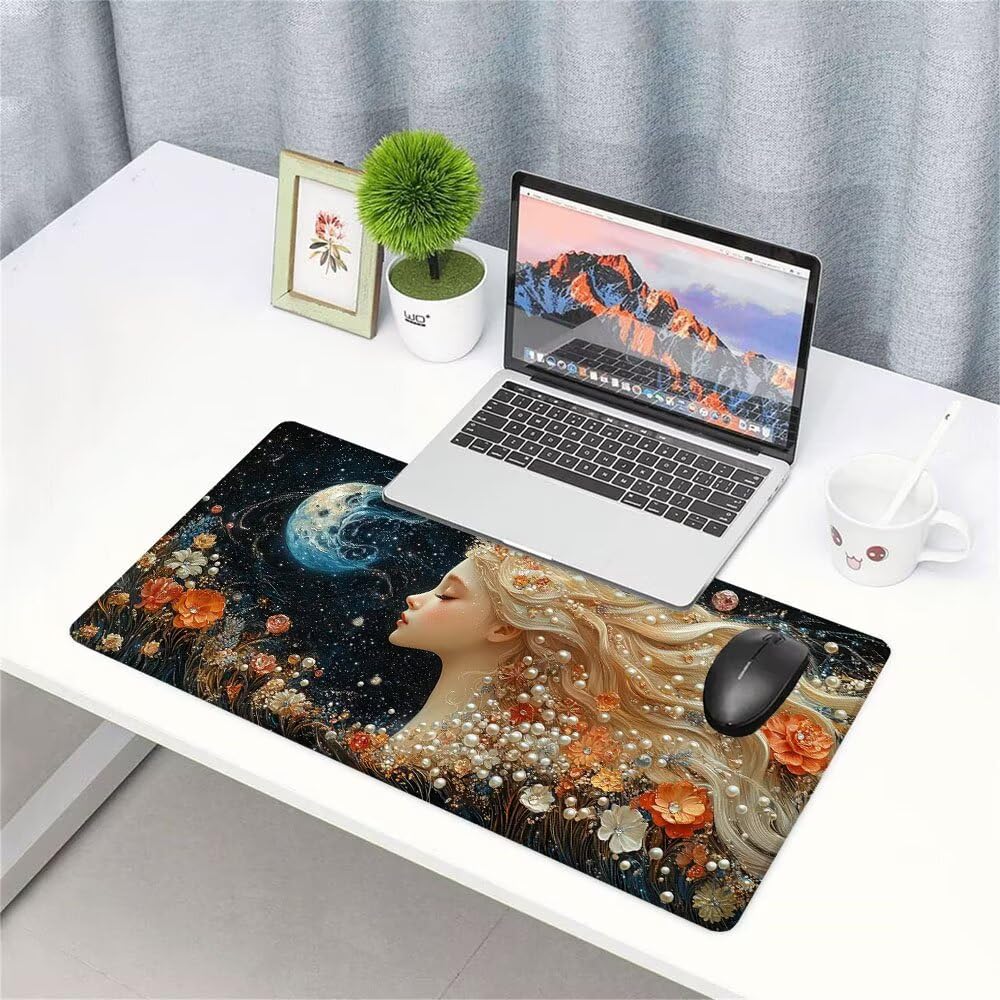 Tappetino Scrivania ragazza, Tappetino Gaming 1000x500x3mm Mouse Pad Luna Tappeto Mouse, Accessori Gaming, Ufficio Accessori, Migliora la Precisione e la Velocità, per Ufficio e Casa f-329