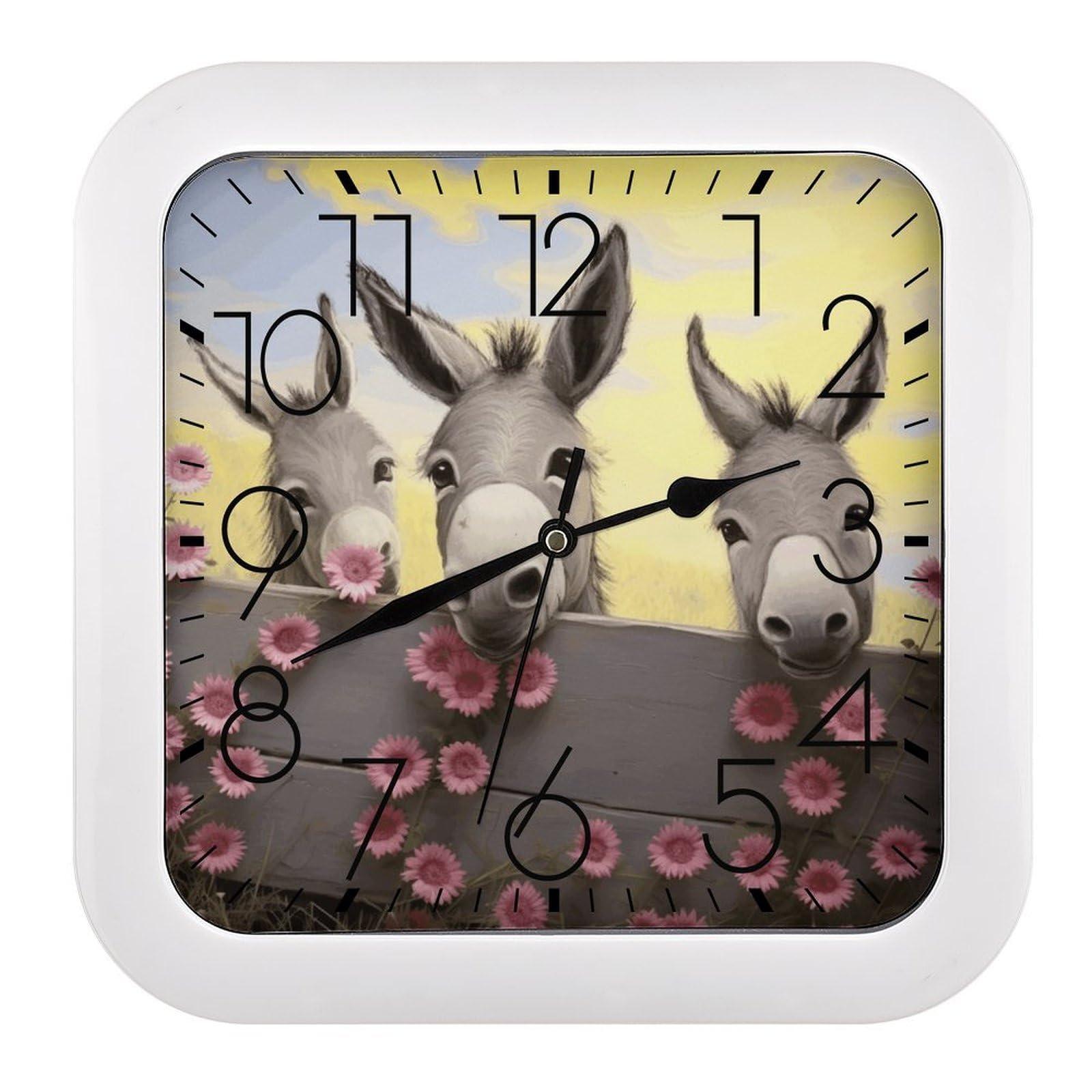 FekiLoot Donkey and Flower Wall Clock 10.2" Modern Farmhouse Square Clocks Silent No Ticking, Wall Art and Timepiece Clock for Shelf Table Mantel Or Bedside Clocks