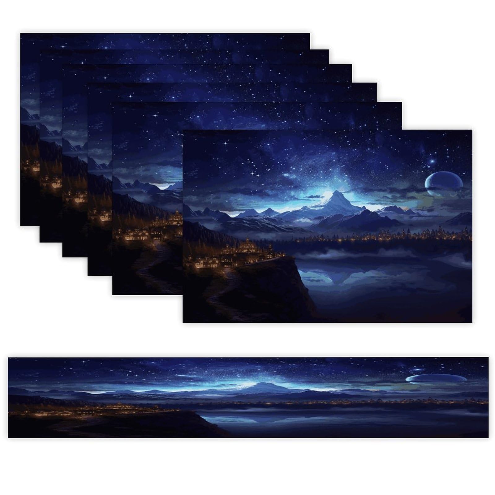 Fantasy Night Scene Table Runner and Placemats Set of 6 Heat Resistant Table Runner Place Mats Modern Cloth Table Mat Washable Linen Placemat Festive Reusable Set