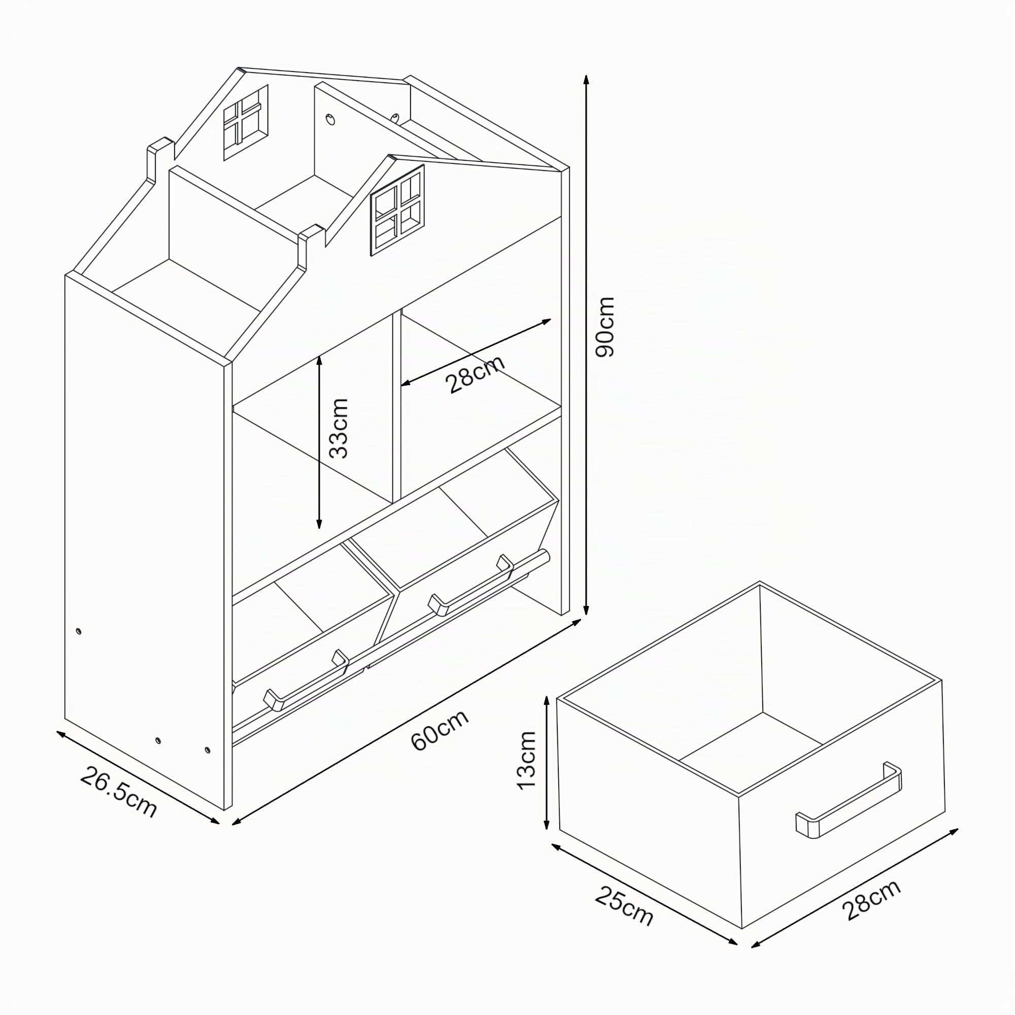 [en.casa] Kinder Bücherregal Vipsali Kinderregal in Hausoptik mit 2 faltbaren Aufbewahrungsboxen Spielzeug Aufbewahrung 90 x 60 x 27 cm Mintgrün/Weiß