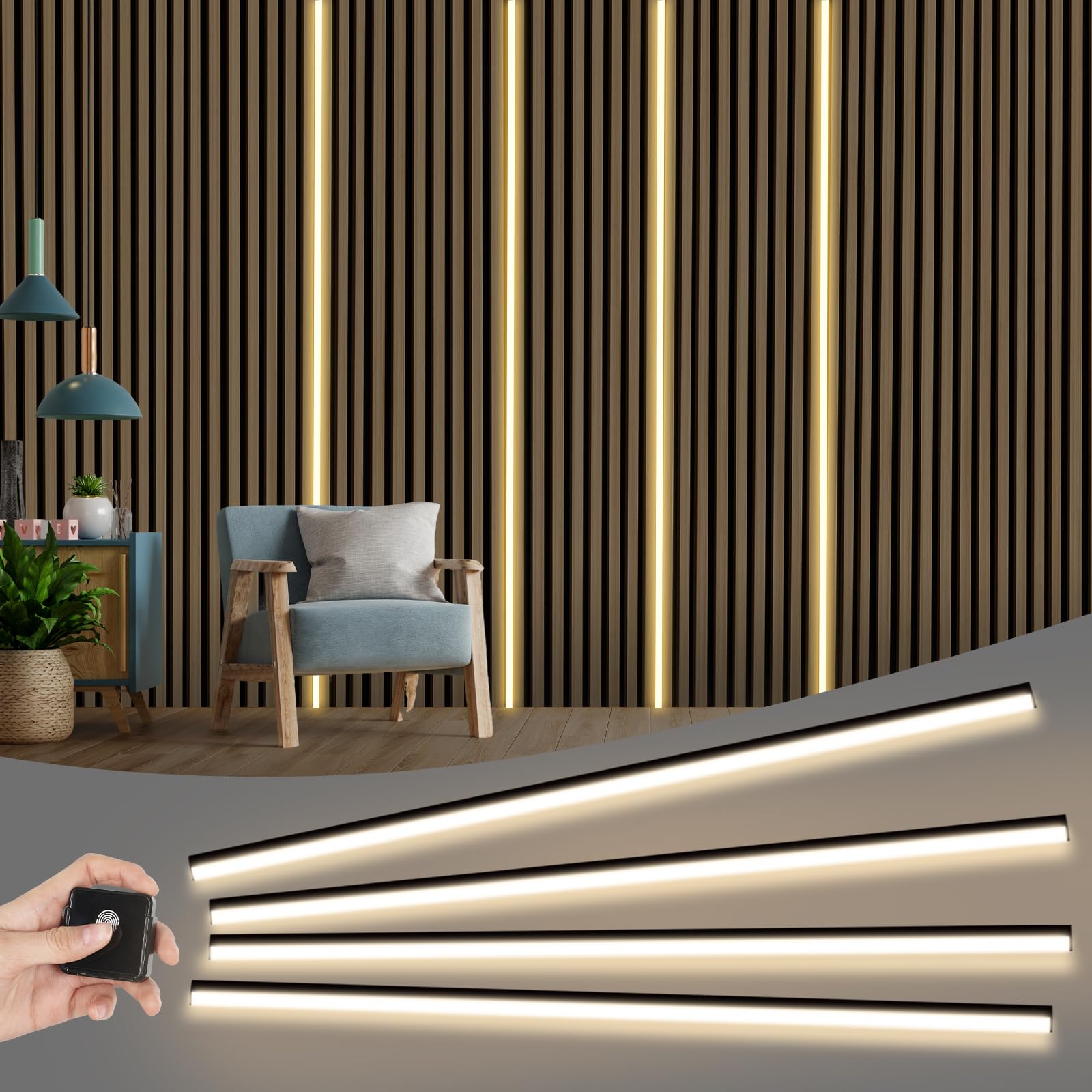 LED für Akustikpaneele, 2.4m Eingebetteter Akustikpaneele Beleuchtung, Dimmbare Led Akustikpaneele mit Touch-Schalter für Akustikpaneele Regale Schränke, Schneidbar, Schwarz (4 Stück)