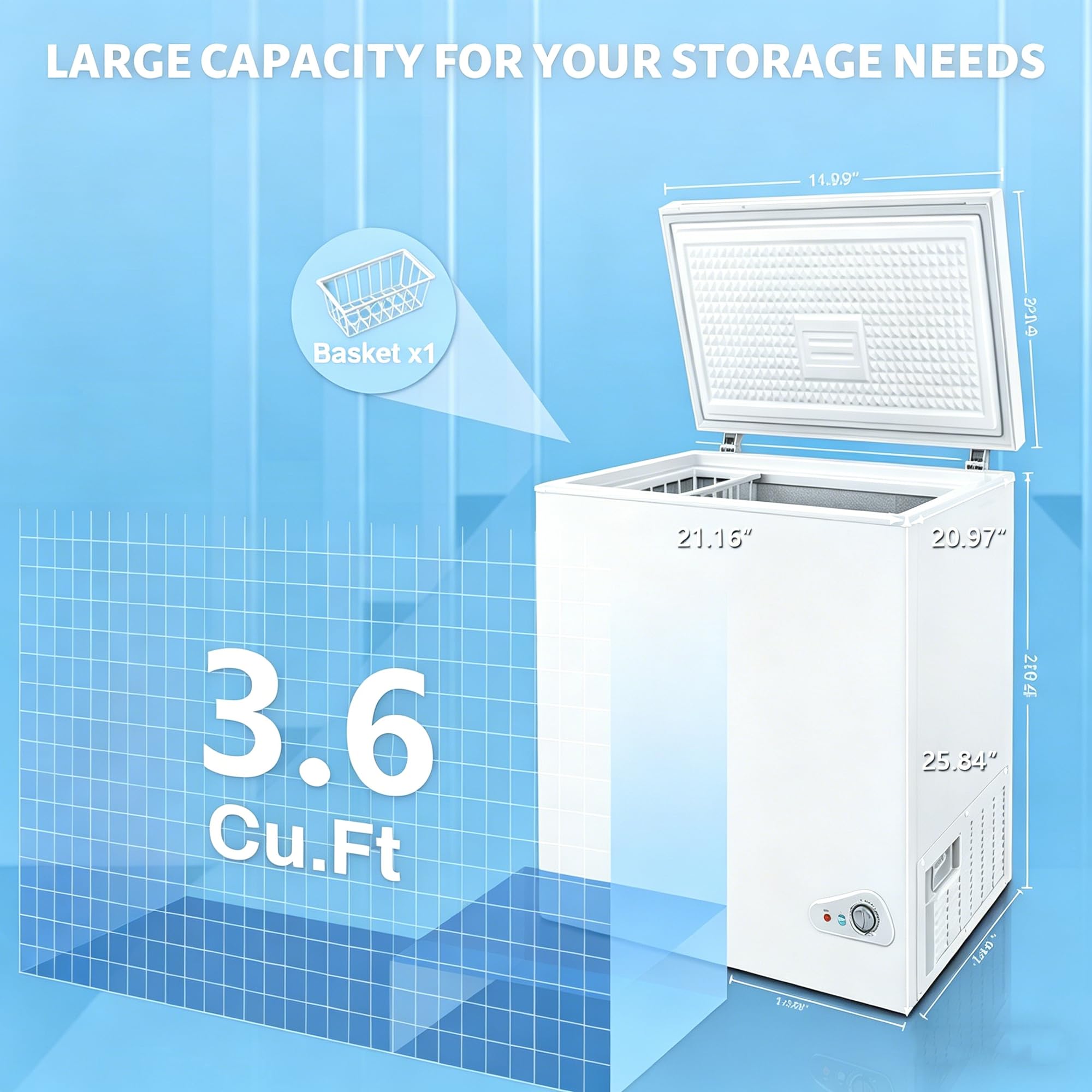 Compact Deep Freezer, 3.6 Cu Ft Chest Freezer With 6 Adjustable Thermostat, Top Open Door Freezer With Removable Basket, Energy Saving Freezer For Home, Apartment, Office, White on Fridge.com - View 2