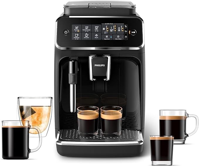 Philips 3200 Series Fully Automatic Espresso Machine, Classic Milk Frother, 4 Coffee Varieties, Intuitive Touch Display, 100% Ceramic Grinder, AquaClean Filter, Aroma Seal, Black (EP3221/44)