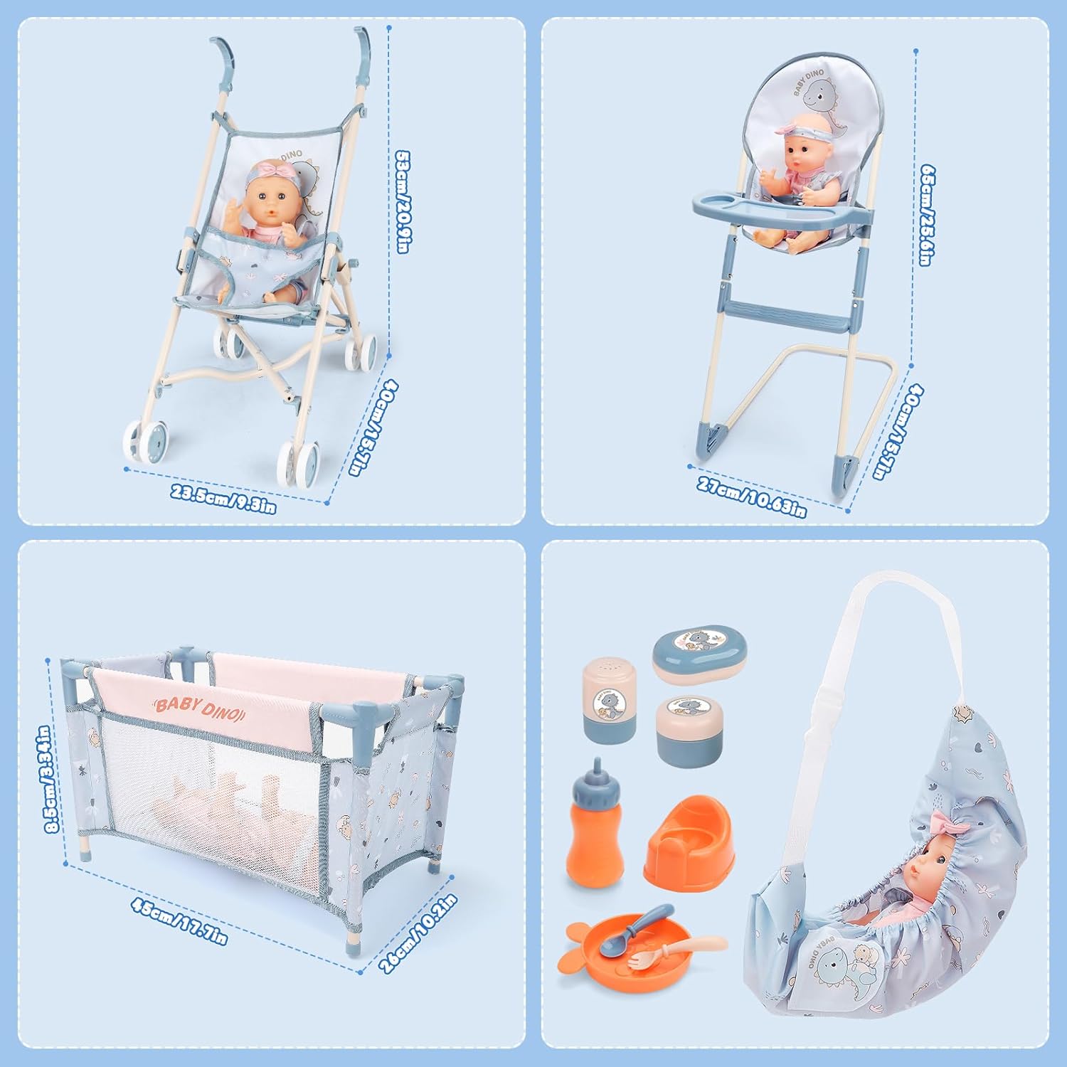 deAO Baby Doll Stroller Set 12" Baby Doll with Accessories Crib Bed High Chair, Nursery Role Play Set Toys Storage Bag,Foldable Storller, Pretend Play Birthday Gifts for Toddler Girls Boys