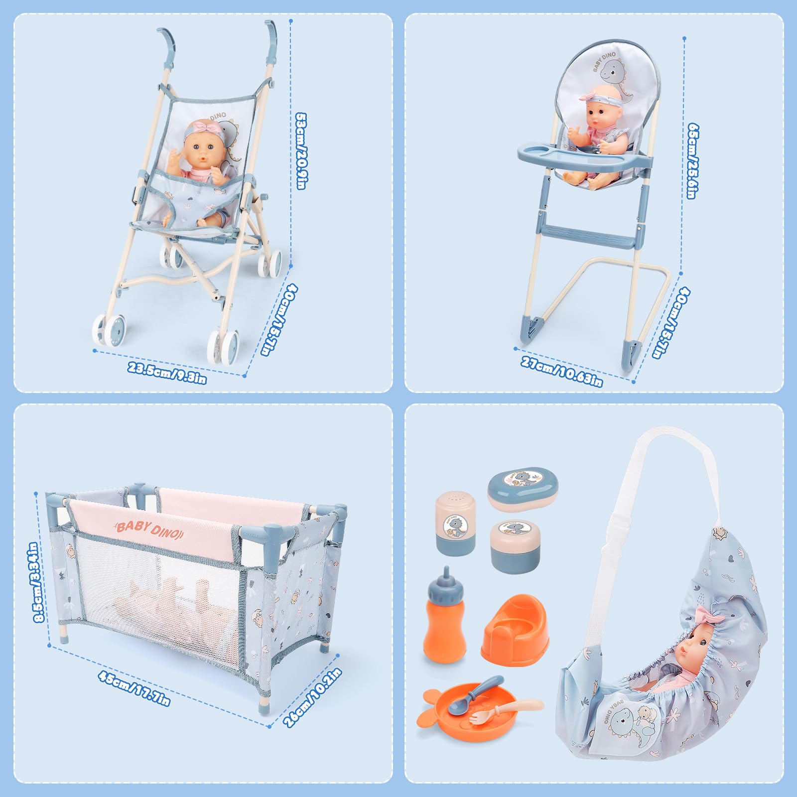 deAO Set de Accesorios para Muñecas - con 30CM Muñeca, Cochecitos Plegable, Tronas, Cunas, Bolsa para Guardar, Vajilla - Juguetes para Juegos de rol, Regalo Ideal para Niñas a Partir de 3 Años