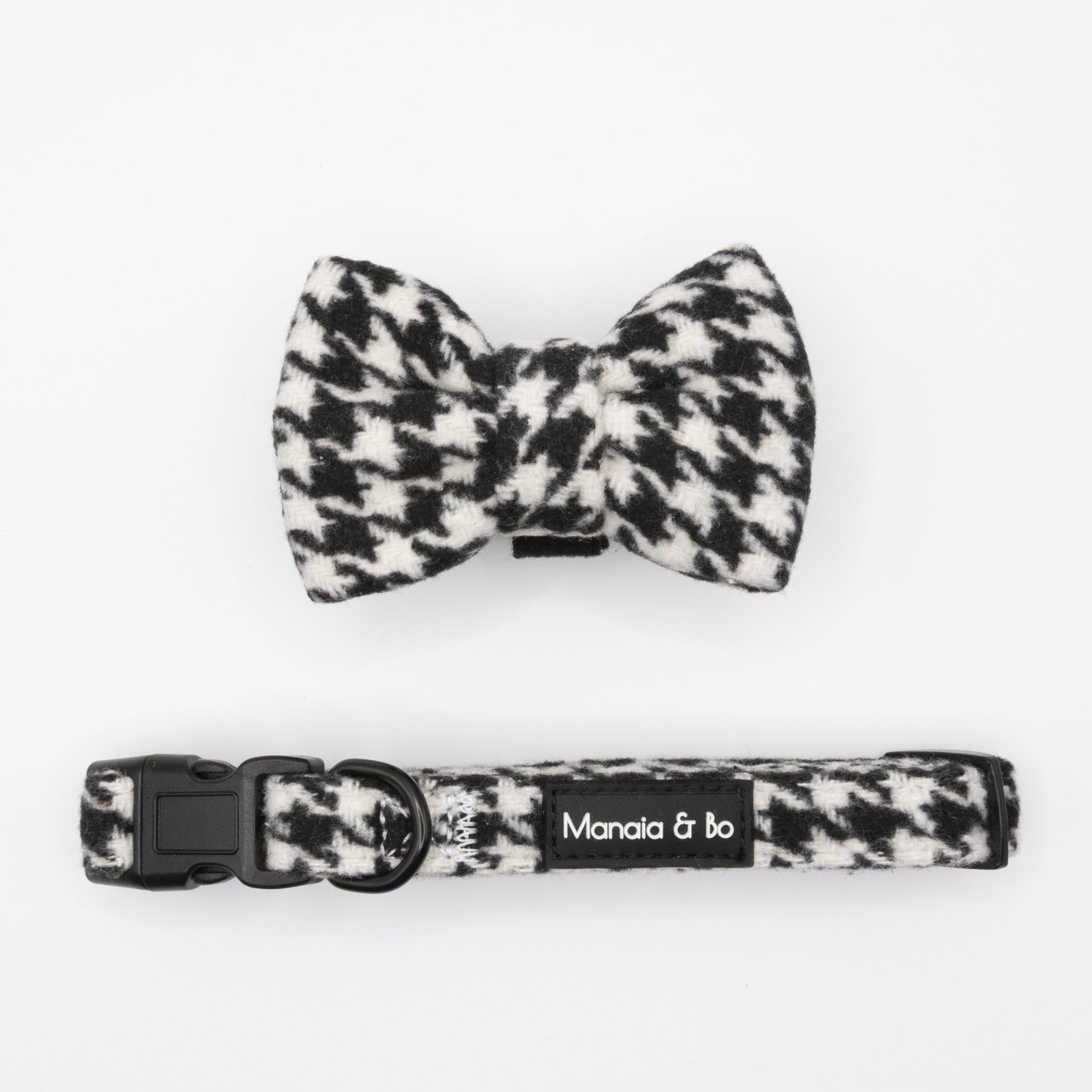 Premium Quality 9cm x 6cm Classic Houndstooth Tweed Dog Bow Tie & 1.5cm Wide Adjustable Dog Collar with Black Fastenings | Neck: 22-30cm (Extra Small, Collar & Bow Tie)
