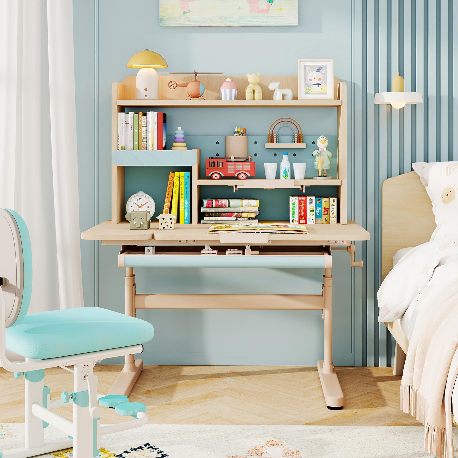 LIFEZEAL Escritorio Infantil con Bandeja Reclinable, Altura Ajustable, Cajón, Estante y Soporte de Lectura Retráctil, Patas de Metal, Mesa de Estudio para Niños de 3 a 12 Años (Azul)
