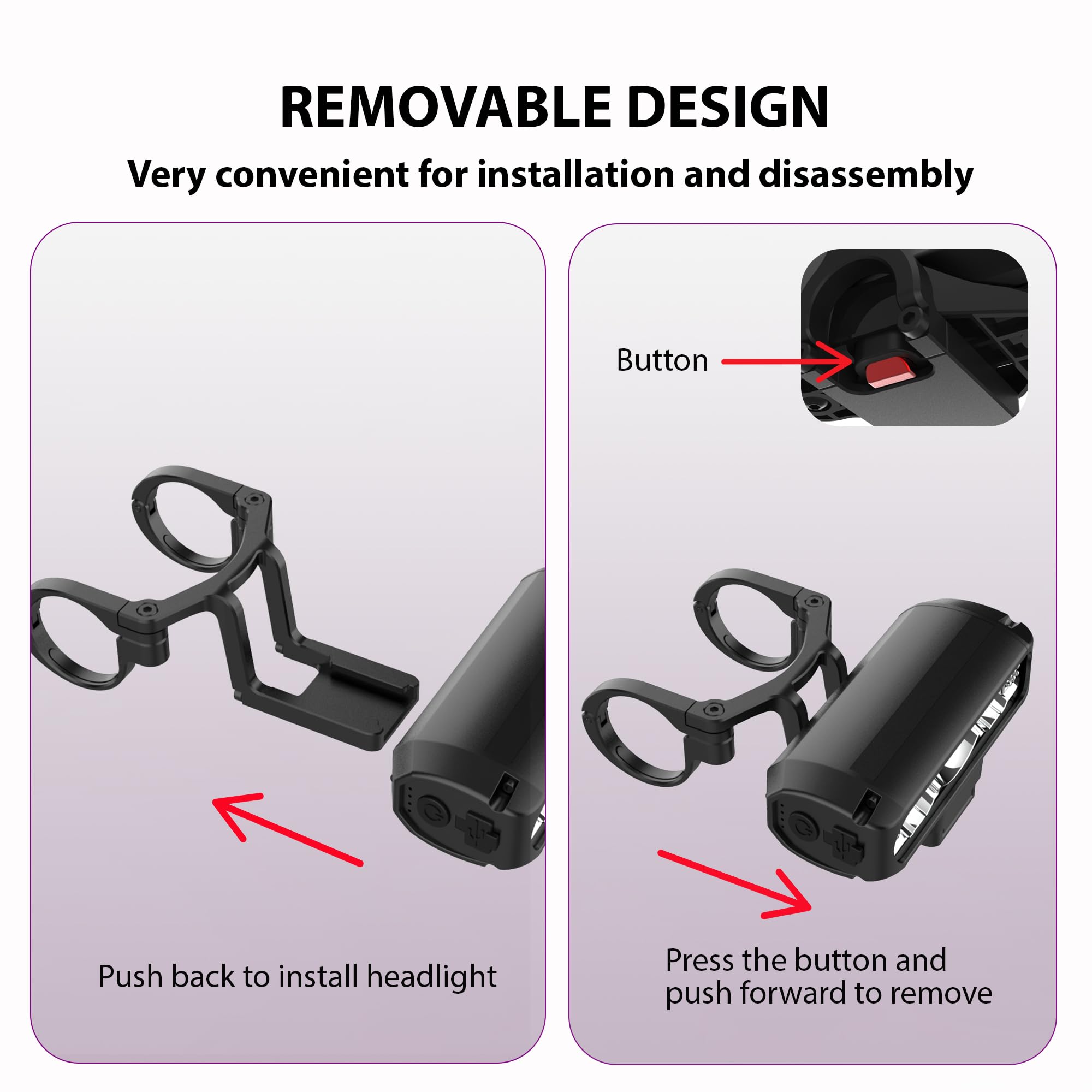 Phares lumineux avant et arrière pour vélo - Rechargeable par USB C - Pour conduite de nuit, vélo de route et de montagne - Étanche - 4 modes - Barre lumineuse VTT à dégagement rapide
