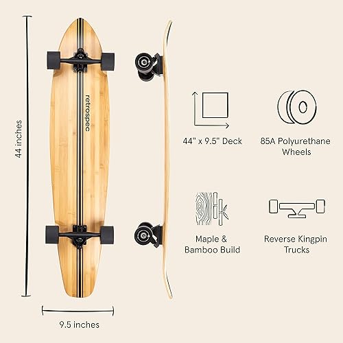 Miniatura 2 de Retrospec Zed Pintail & Cruiser Longboard Patineta para Adultos - Tabla de 112 cm de bambú y arce canadiense con rodamientos ABEC-7, ruedas