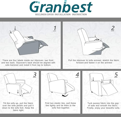 Miniatura 6 de Granbest Funda para silla reclinable de alta elasticidad, funda gruesa para sillón reclinable con parte inferior elástica con bolsillos (beige)