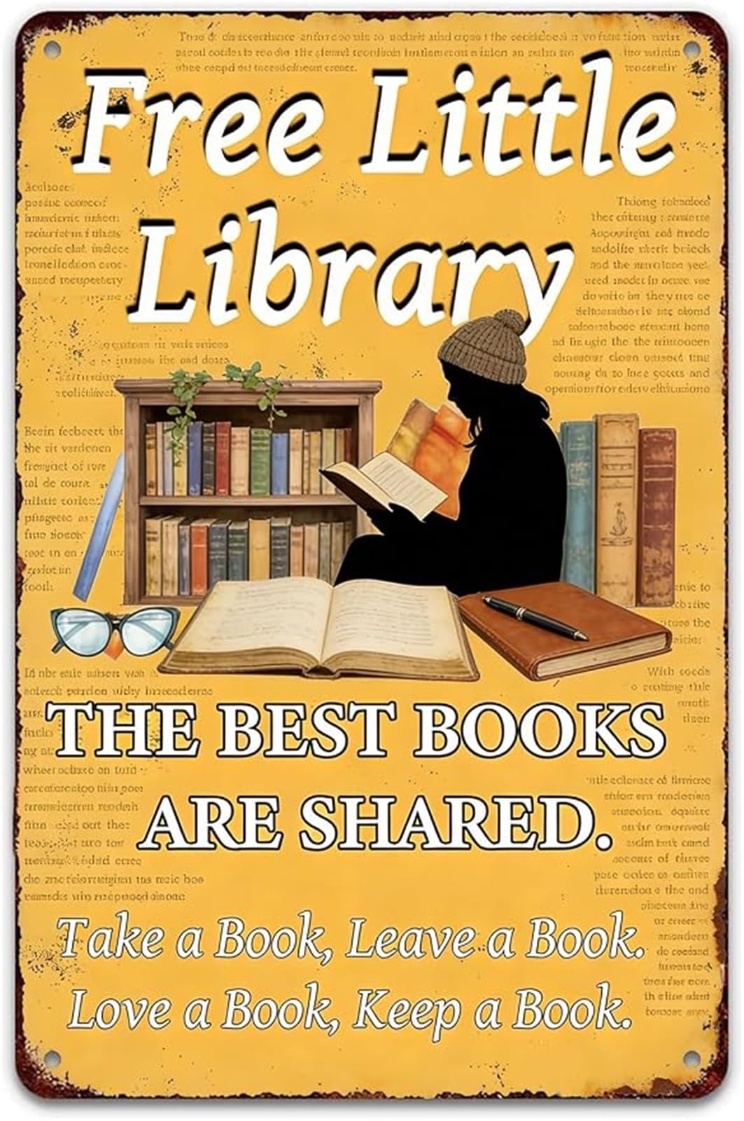 NWPNLXEA Little Library Vintage Tin Sign Rustic Book Exchange Wall Decor for Porch Reading Nook Cafe 8 X 12 in