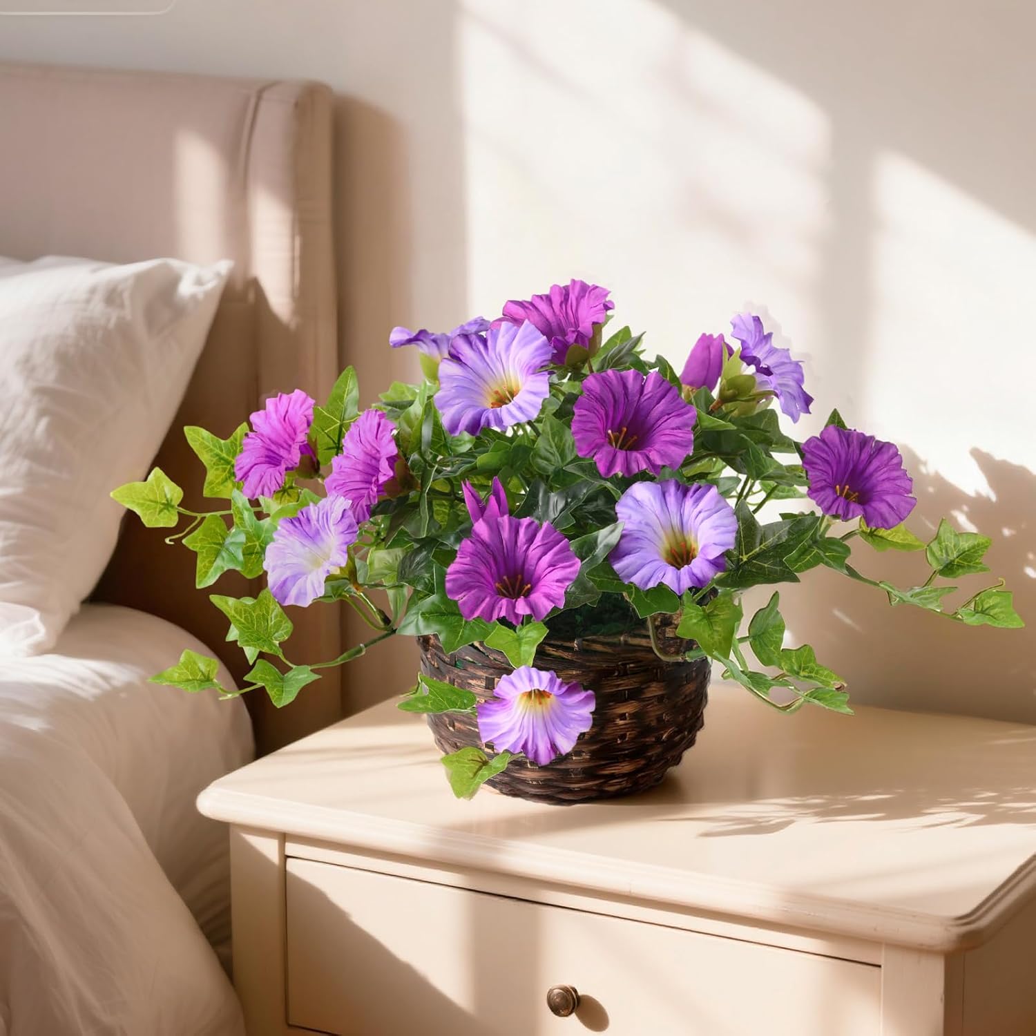 2 Set Artificial Outdoor Flowers with Hanging Basket, 2 Hanging Planters Faux Silk Morning Glory Flowers for Spring Summer Front Porch Garden Patio Home Decor(Light Purple Red)