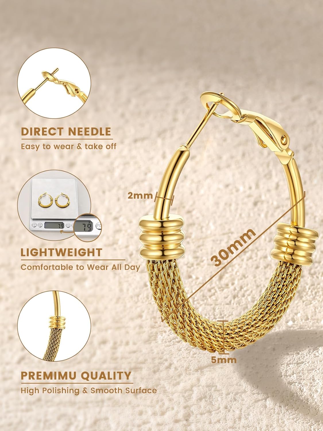 KeyStyle Mesh Hoop Earrings for Women, Stainless Steel Gold Hoops Earring Lightweight Loops, 2MM Thick Hypoallergenic Circle Endless Hollow Hoop 20mm-80mm - Image 5