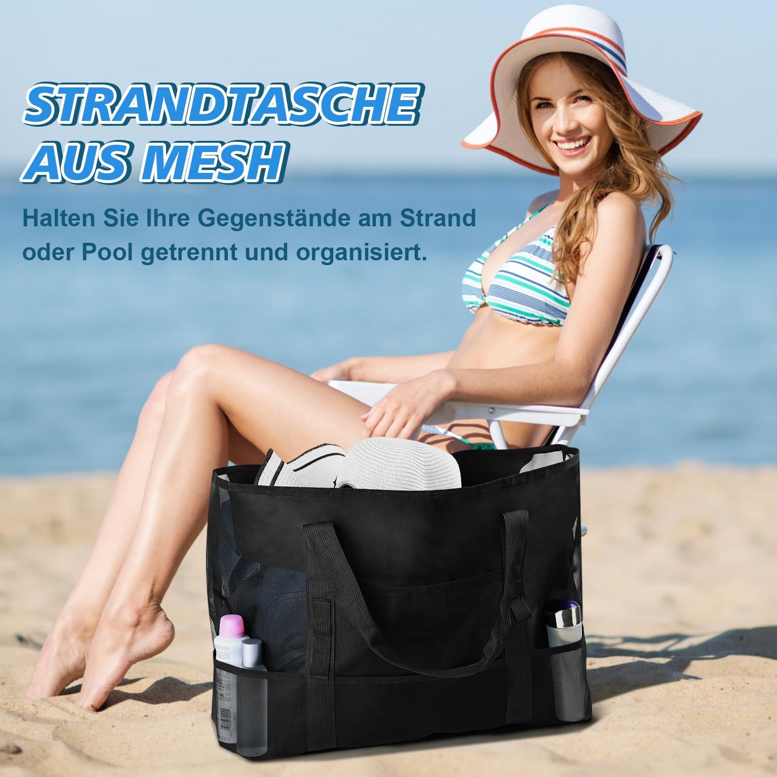BBLIKE Torba plażowa w maille, duża torba plażowa xxl rodzinna, duża torba damska składane torby na ramię z wieloma kieszeniami na plażę, wakacje, zakupy i podróże, Czarny (Black), 70*20*40cm