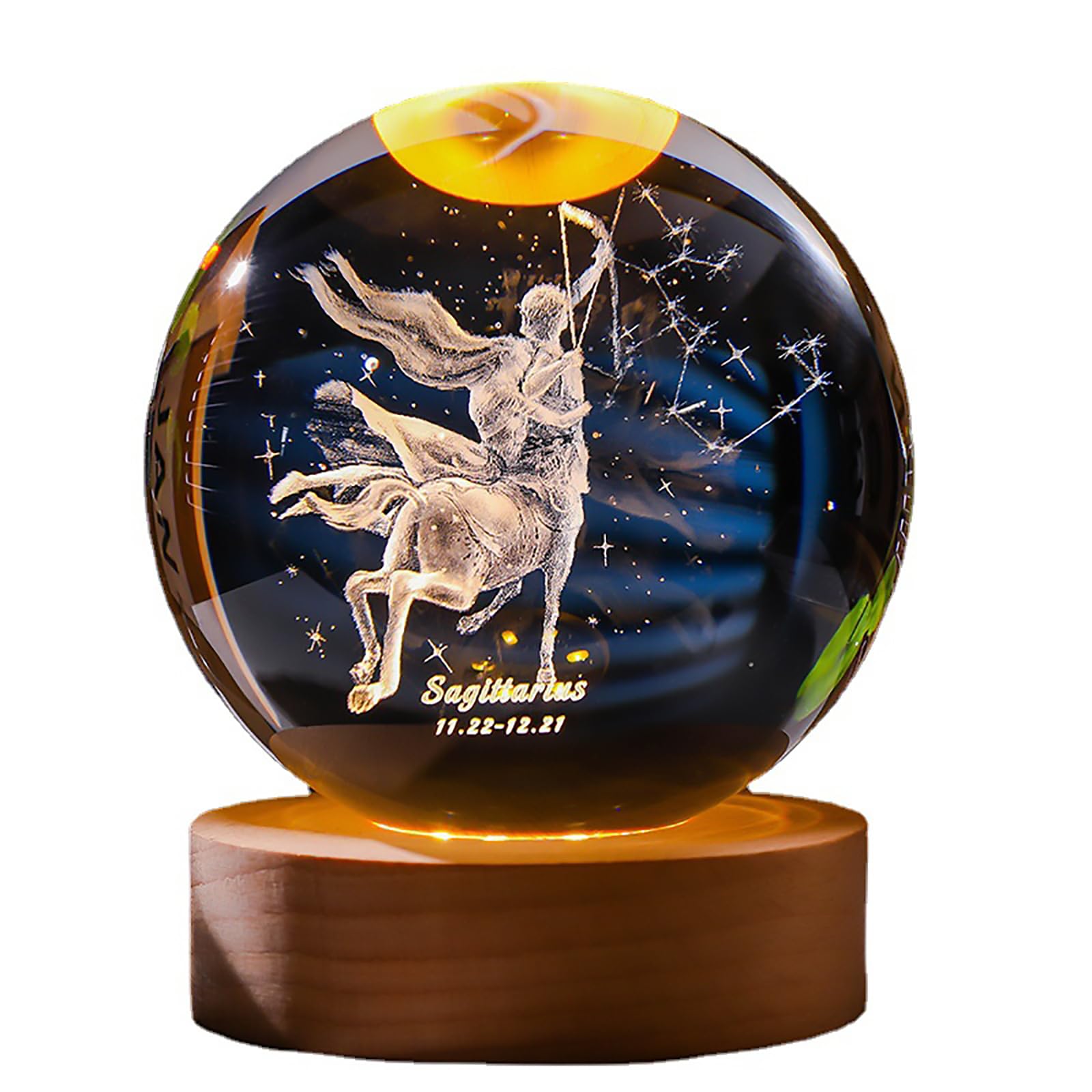 3D Laser Engraved Crystal Ball 80 mm Zodiac Crystal Ball with Solid Wood Stand Gift Box Home Decorative Accessories Creative Gifts (Sagittarius)